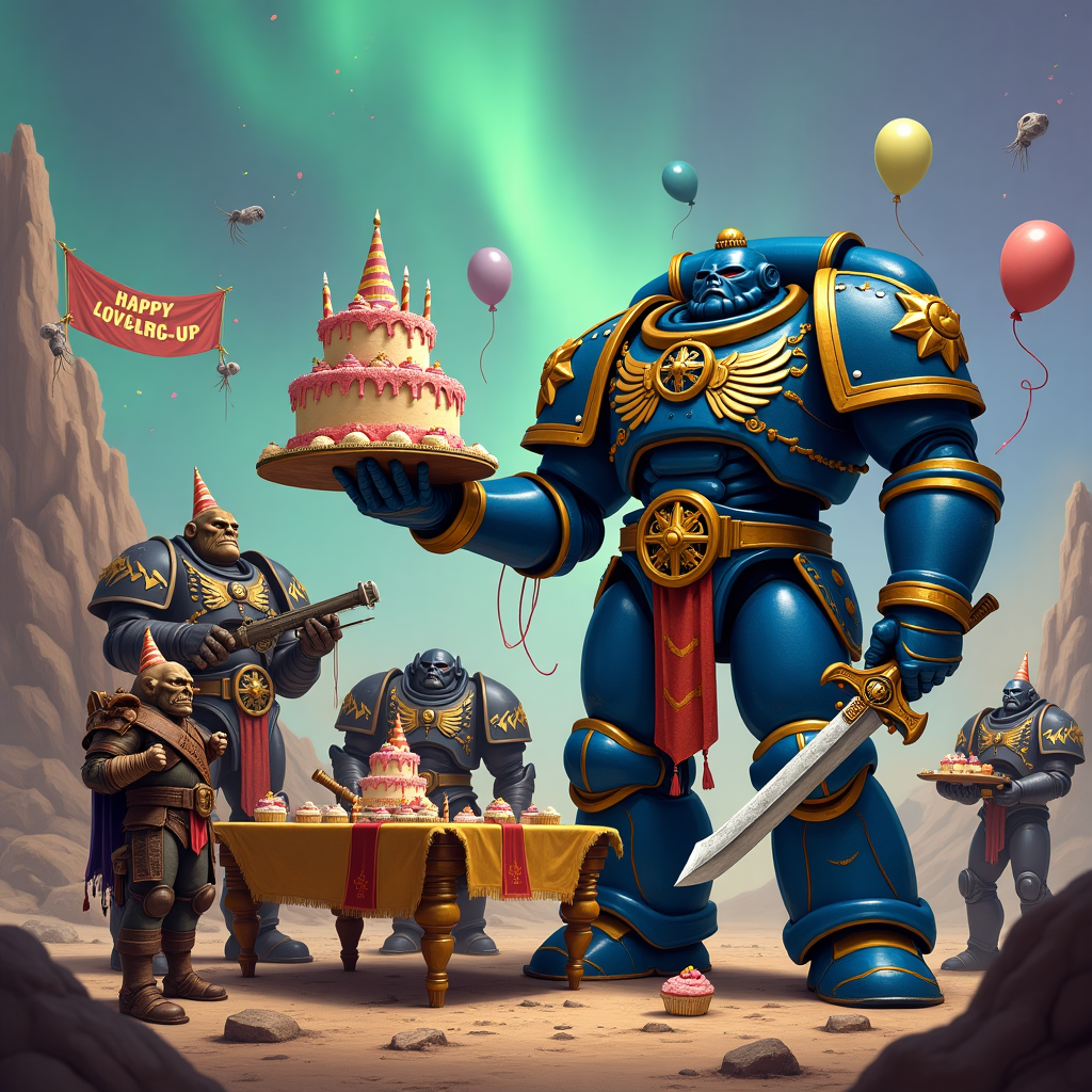 In the vibrant, otherworldly setting of a birthday party in the Warhammer 40k universe, a Space Marine clad in resplendent blue and gold power armor is the life of the gathering. The scene is set on a barren, craggy planet under a swirling sky of alien colors—hues of green and purple dance like the aurora borealis above. The Space Marine, towering over the other guests, holds an oversized, ornately decorated cake in one armored hand. The cake, sculpted into the shape of an Imperial fortress, is lavishly detailed with turrets made of chocolate and marzipan banners emblazoned with the Aquila. Surrounding him, an eclectic mix of birthday guests includes a cheerful Ork wearing a party hat that sits comically atop its tusked head, and a Primaris Space Marine with a balloon tied to his power sword. To the side, a Tactical Dreadnought Armor suit stands as a bouncer, its intimidating presence juxtaposed with a festive "Happy Birthday" sash draped over its massive shoulders. The table is strewn with cupcakes in the shape of bolter shells, and servo skulls hover above, draping colorful streamers. A group of mischievous squigs has somehow gotten into the mix, bobbing around like living balloons. In the background, a makeshift banner reads "Happy Level-Up, Brother!" crafted from salvaged Tyranid carapaces and shimmering with gaudy confetti. This riotous scene, a melding of grim-dark and hilarity, encapsulates the surreal joy of a Space Marine's birthday bash.
Generated with these themes: Warhammer 40k, and Space Marine 2.
Made with ❤️ by AI.