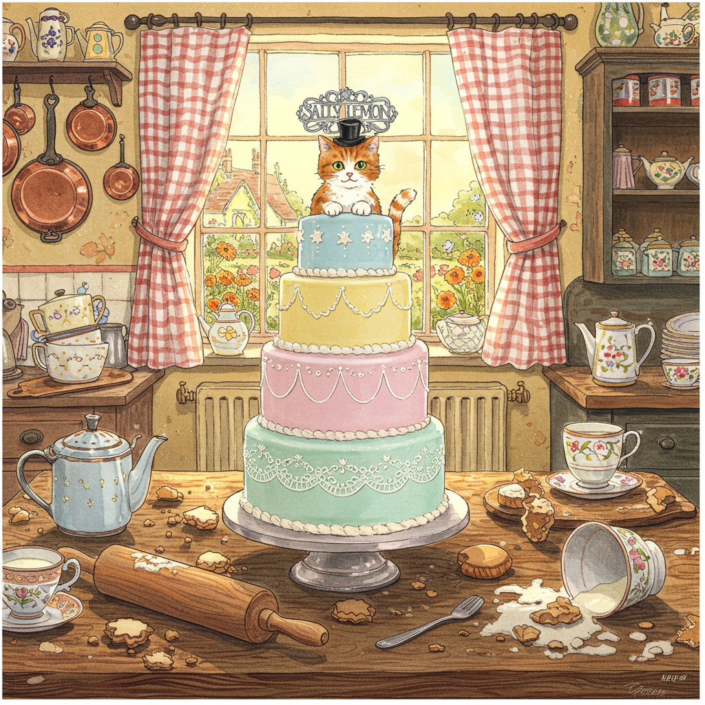 The scene unfolds in a whimsical, Victorian-inspired kitchen, brimming with intricate details and a playful atmosphere reminiscent of Edward Gorey's style, yet with the charm of Beatrix Potter's animal characters. At the heart of the image is an opulent, four-tiered birthday cake, each layer a different pastel hue: sky blue, lavender, mint green, and pale pink, adorned with delicate, lacy white icing patterns that echo the style of Aubrey Beardsley's elegant linework.

Perched atop the cake is a particularly regal-looking cat, its fur a dappled mix of orange and white, its tail curled gracefully around a silver cake topper that reads "Sally Lemon" in a vintage, ornate font. The cat wears a tiny top hat and a monocle, giving a nod to the playful absurdity of Norman Rockwell's humorous portraits.

The kitchen itself is a riot of detail, with every surface cluttered with flourishes and flour: a rolling pin dusted with flour sits askew on a wooden table, and colorful, mismatched teacups and saucers (reminiscent of Quentin Blake's lively illustrations) are scattered around. On the walls, which are a warm, buttery yellow, hang antique copper pots and pans, reflecting the rich color palette of Maxfield Parrish.

A window at the back, framed by gingham curtains in cheerful red and white, lets in a flood of golden afternoon light, illuminating the scene with a soft, welcoming glow. Outside, a glimpse of a quaint English garden can be seen, with neat rows of blooming marigolds and a robin perched on the windowsill, subtly influenced by the natural beauty captured by Beatrix Potter.

In the foreground, scattered crumbs and a tipped-over cup of milk add a touch of whimsy and liveliness to the otherwise idyllic setting. The combination of these concrete, detailed elements forms a charming tableau that captures the essence of a celebratory and somewhat mischievous birthday scene.
Generated with these themes: cat.
Made with ❤️ by AI.