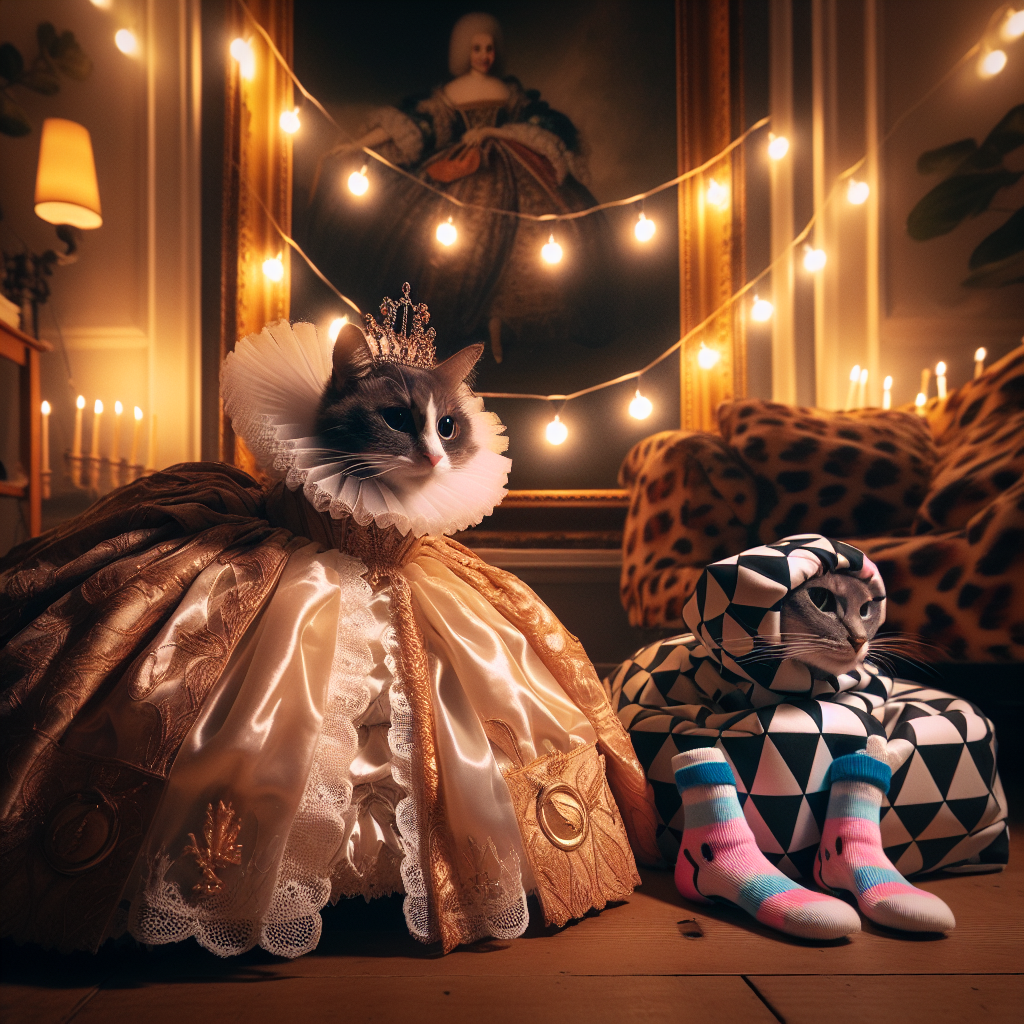 Under the warm, enchanting glow of birthday fairy lights, the room offers a blend of eras. A cat, imbued with historical elegance, dons grand attire emulating the fashion of 16th-century Vienna. The dress, billowing and resplendent, adds to its charm as it skillfully performs an operatic piece reminiscent of an old-world theatre. On the other hand, a contemporary feline reclines in the room, its attire presenting a sleek, unique look that seems to push the boundaries of style. Wrapped in abstract, geometrically-styled clothing, and wearing novel footwear resembling sock shoes, it exudes an irresistible coolness that completes this timeless birthday tableau.
Generated with these themes: A cat in a historical dress from the 16th century, Singing in the opera in Vienna, and Another cat wearing issey miyake and sock shoes looking cool.
Made with ❤️ by AI.