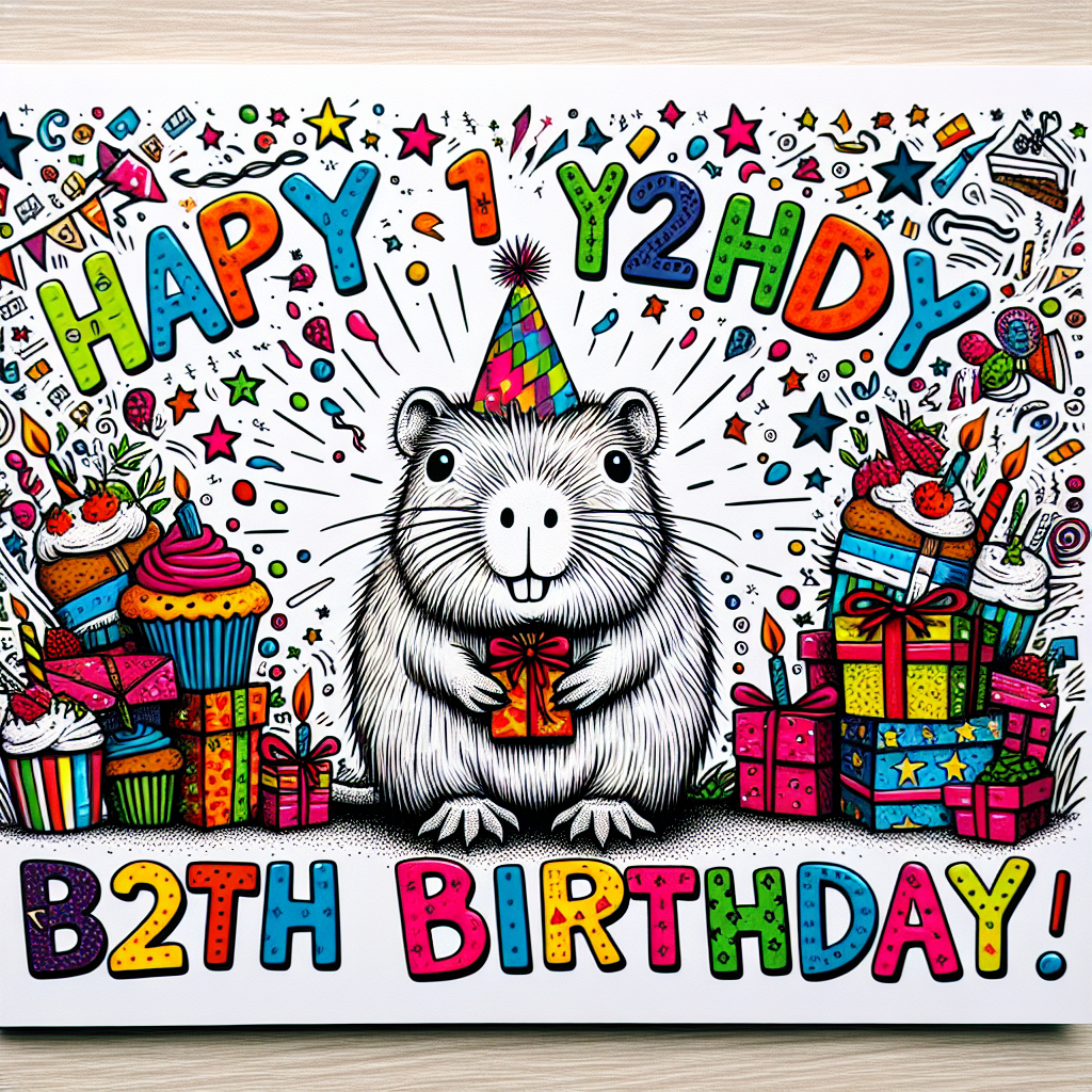 In the image, you can see the front of a birthday card exploding with joy. In the center of it is a delightful cartoon of a capybara, decorated with a small birthday hat, sitting amongst a stack of presents. The background is densely decorated with doodles such as cupcakes, stars, and party streamers, all contributing to a festive atmosphere. Above the capybara, a vibrant inscription reads, 'Happy 12th Birthday!'. This inscription is designed with fun and playful fonts, and its bright colors effectively capture the very essence of the joyfulness associated with childhood.
Generated with these themes: Capybara, and 12th Birthday.
Made with ❤️ by AI.
