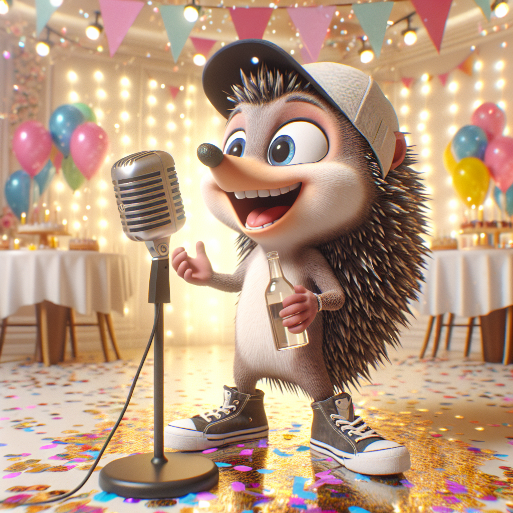 Create an image showing a joyous birthday party depicted in a light and magical tone. A cartoon hedgehog is the center of attraction, singing passionately into a stand microphone. The hedgehog is characterized by its casual backwards baseball cap and shoes that appear to move in rhythm with the song. In its hand, it holds a small bottle of non-alcoholic drink with a straw, epitomizing the festive atmosphere. The background displays a beautifully adorned room abundant with confetti and cheerful balloons that fully embodies the birthday ambiance.
Generated with these themes: Singing jiving whiskey baseball cap .
Made with ❤️ by AI.