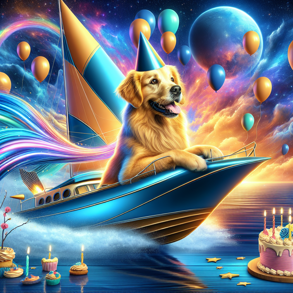 Golden dog winning a sailing boat race in a spacerocket Birthday Card