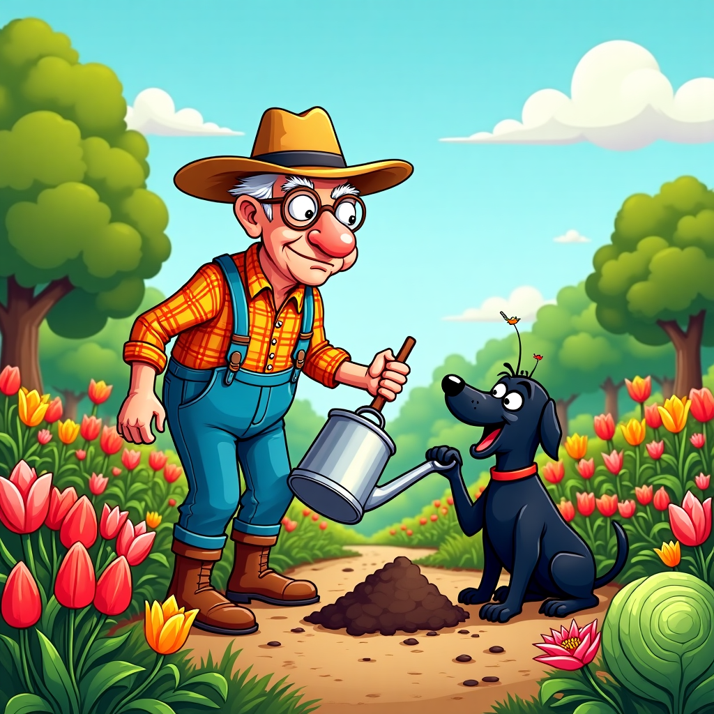 **Card Front Design Description:**

**Scene Overview:**
The front of the greeting card features a humorous, cartoon-style illustration of an elderly man in a vibrant, lush garden, accompanied by his mischievous black Labrador. The composition is designed to be lively, with exaggerated features and a playful tone, taking inspiration from classic and contemporary comic styles.

**Characters:**

1. **Old Man:**
   - **Facial Features:** A comically oversized, bulbous nose and thick, round spectacles perched on his nose. His eyebrows are bushy and expressive, accentuating his exaggerated wide eyes.
   - **Clothing:** He wears a bright plaid shirt with suspenders and oversized gardening boots. His hat, a sun-faded straw hat, sits slightly askew on his head.
   - **Pose:** He is slightly bent over, holding a large watering can in one hand. His other hand is exaggeratedly large, waving a spade comically.

2. **Black Labrador:**
   - **Features:** The dog has an overly wagging tail, floppy ears, and a playful expression. His eyes are large and cartoonishly eager.
   - **Pose:** Sitting with one paw in the air, as if caught in a playful dig. There’s a patch of freshly dug earth with a small pile of soil beside him.

**Background:**

- **Garden:**
  - **Flowers:** Brightly colored, oversized daisies and tulips with vibrant reds, yellows, and pinks populate the scene. The petals are slightly exaggerated in size, with some comically large insects buzzing around them.
  - **Vegetables:** Rows of exaggeratedly large carrots, tomatoes, and cabbages are depicted, with cartoonishly vibrant greens and oranges.
  - **Trees:** A backdrop of stylized, bushy trees with curly branches and a palette of rich greens.
  
- **Sky and Elements:**
  - **Sky:** A clear, bright blue with a few fluffy, oversized white clouds shaped like whimsical characters (like a cat or a teapot) drifting lazily by.
  - **Sun:** A smiling sun with sunglasses, exaggeratedly large and comically peeking over the trees.

**Additional Elements:**

- **Garden Tools:** A brightly colored wheelbarrow tipped over with garden tools spilling out. A small bird perches on the handle, cartoonishly eyeing the scene.
- **Signage:** A small wooden sign planted in the ground reads “Garden of Gratitude” with a comical, exaggerated font, similar to that seen in early Disney animations.

This vibrant and quirky scene sets the stage for a humorous and heartfelt thank-you card, capturing the essence of classic and modern cartoon artistry.
Generated with these themes: OLD MAN IN GARDEN WITH BLACK LABRADOR.
Made with ❤️ by AI.