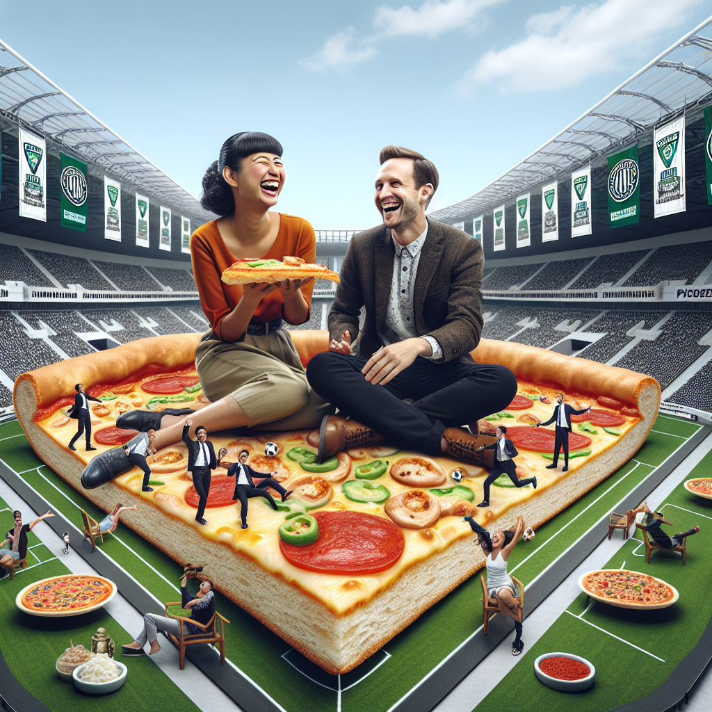 An image capturing a South-Asian woman and a Caucasian man, both laughing joyously, as they sit on an oversized slice of pizza floating in an expansive soccer stadium. Banners of a fictional football club bedeck the stadium. The pizza toppings are alive with mini performers acting out comedic sketches, taking inspiration from personal moments, subtly representing the themes of gastronomy, sports, comedy, and romance. The entire scenario is designed to celebrate an affectionate couple's anniversary in a humorously distinctive manner.
Generated with these themes: Food, Livingston Football Club, Sex, Pizza, and Funny.
Made with ❤️ by AI.