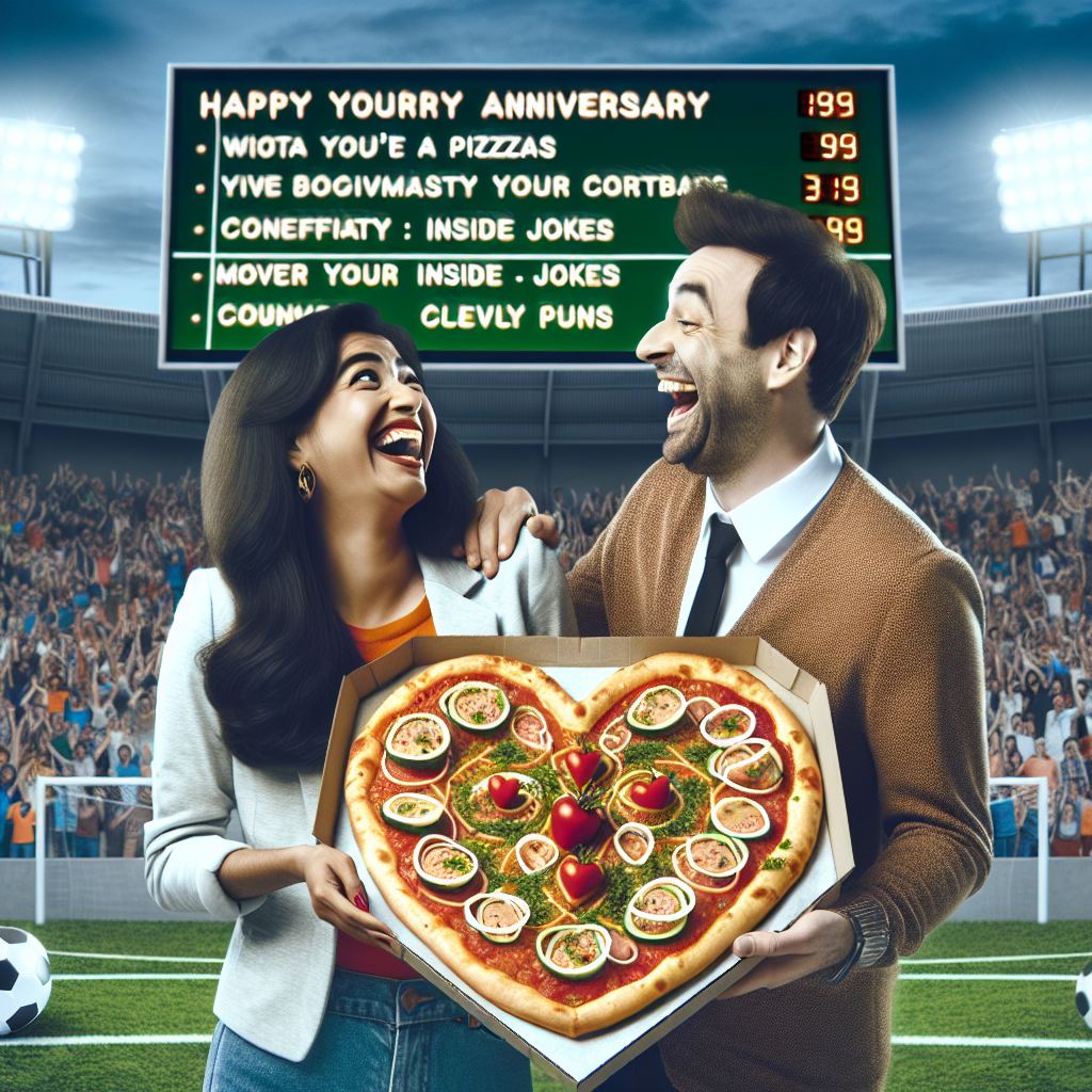 Create a playful image of a South Asian woman and a Caucasian man celebrating their anniversary in the middle of a soccer field, surrounded by an enthusiastic crowd. They are delighting in a special pizza that is made into the shape of a heart and has toppings arranged in humorous patterns to recall their shared experiences and inside jokes. In the background, the scoreboard displays clever puns referencing their relationship journey. This scene should encapsulate their mutual love for food, the sport of soccer, and each other.
Generated with these themes: Food, Livingston Football Club, Sex, Pizza, and Funny.
Made with ❤️ by AI.