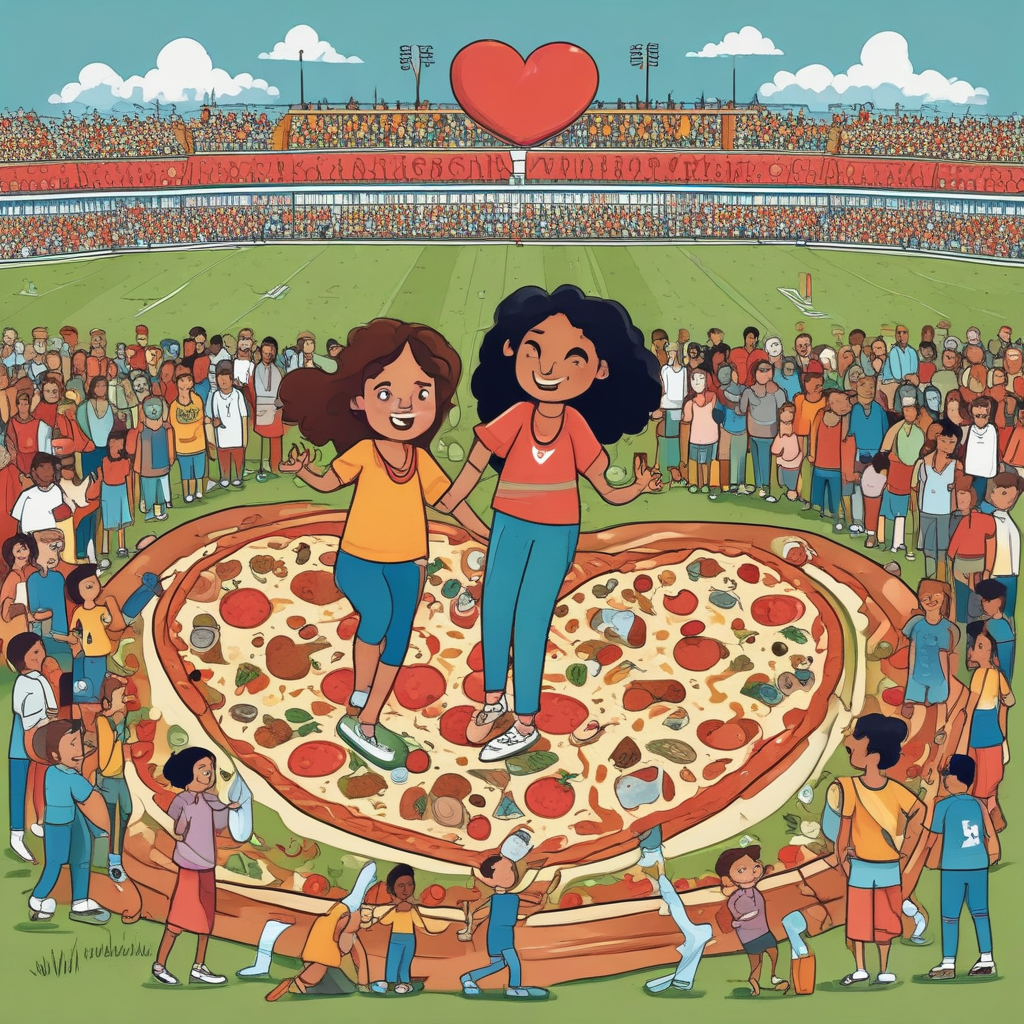 Illustration Funny, Create a playful image of a South Asian woman and a Caucasian man celebrating their anniversary in the middle of a soccer field, surrounded by an enthusiastic crowd. They are delighting in a special pizza that is made into the shape of a heart and has toppings arranged in humorous patterns to recall their shared experiences and inside jokes. In the background, the scoreboard displays clever puns referencing their relationship journey. This scene should encapsulate their mutual love for food, the sport of soccer, and each other.
Generated with these themes: Food, Livingston Football Club, Sex, Pizza, and Funny.
Made with ❤️ by AI.