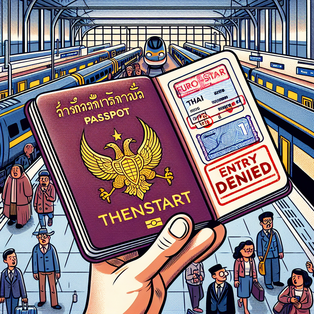 Create a comical illustration featuring an opened Thai passport, presenting a page with a Schengen visa showing a prominent, bold red stamp that says 'ENTRY DENIED'. Depict the background as the busy Eurostar train station, with people of different descents and genders walking past and a train ready at the platform for departure. Surround the passport with humorous, cartoon-like speech bubbles filled with light-hearted farewells and witty travel puns, aiming to uplift the mood despite the unfortunate visa situation.
Generated with these themes: Thai passport with schengen visa page saying 'entry denied' , and Background: eurostar train station.
Made with ❤️ by AI.