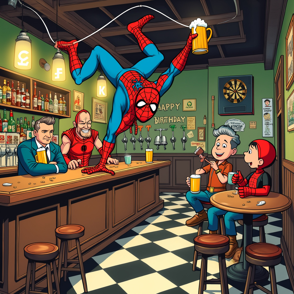 The scene opens in a lively, whimsical bar, reminiscent of the retro charm found in Bill Watterson's "Calvin and Hobbes" with a dash of Hergé's clear line art from "Tintin." Picture a room with checkered floors, vintage wooden stools, and a backdrop of colorful, old-fashioned beer advertisements on the walls. The bar itself is carved oak, and behind it are rows of gleaming, classic beer taps that would make even Winsor McCay's meticulous eye for detail proud.

At the center of this cartoon tableau is Spiderman, in full costume, perched upside down from a cobweb that stretches across the ceiling beams, just as R. Crumb would add his quirky touch to underground comix. He’s holding a frothy mug of beer in one hand, clearly enjoying his unique vantage point. His mask is rolled up just enough to show his mouth grinning as he takes a big sip. 

To the right, near a small round table littered with peanut shells (a nod to Charles Schulz's Peanuts), sit three other superheroes in relaxed poses, each holding a beer mug: a tipsy Thor with his hammer resting on the table, an Iron Man with his helmet off and pushed to the side, and a completely animated Deadpool telling a joke, drawn with Gary Larson's The Far Side level of absurdity. The background features other patrons, who are regular bar-goers, seemingly unphased by the superhero presence—an homage to the everyday meets the extraordinary, akin to Will Eisner's "The Spirit."

Hanging on the wall behind Spiderman is a large dartboard, with darts arranged in the shape of a spider, adding a playful Easter egg reminiscent of Art Spiegelman's knack for embedding deep layers into his scenes. Above the dartboard, a neon sign spells out "Happy Birthday" in a style that could be straight out of a classic Disney cartoon.

Finally, there's a little, plump barman with exaggerated features behind the counter, polishing a glass, and watching the scene with a bemused expression, much like a character straight out of an Osamu Tezuka manga panel, adding an extra layer of humor to the whole setting.

The entire scene bursts with lively, comic energy, with every nook and cranny packed with charming details, from the spilled beer on the floor to the quirky bar decorations, ensuring a visual feast for anyone who picks up the card.
Generated with these themes: Spiderman, and Beer.
Made with ❤️ by AI.