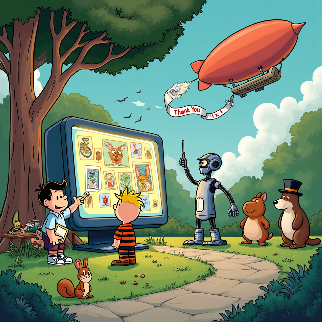 In a whimsical, colorful park setting, reminiscent of Charles Schulz's Peanuts with a dash of Walt Disney's charm, stands an eclectic array of characters gathered around a giant, futuristic computer terminal labeled "The Ultimate Guide to AI-Generated Thank You Cards." The computer is sleek with a holographic screen projecting various thank-you card designs, each more dazzling than the last.

Front and center, a character styled like Calvin from Calvin and Hobbes, but with Astro Boy's mechanical limbs and jet boots, is enthusiastically pointing at the holographic screen. Beside him, a Tintin-inspired character, complete with quiff and trench coat, is jotting down notes on a futuristic clipboard. 

In the background, a humanoid AI character that looks like a cross between R. Crumb's zany creations and Will Eisner's dynamic figures is holding a paintbrush and palette, as if it’s the artist behind the AI-generated designs. Nearby, there's a Gary Larson-esque anthropomorphic dog wearing glasses and a lab coat, fiddling with the settings of the computer terminal.

Further back, under a tree that could have sprung from the pages of Little Nemo in Slumberland, a group of animal characters (a bear, a rabbit, and a turtle) are holding up thank-you cards they've received, each card featuring intricate and heartfelt designs. One of the cards is a nod to Art Spiegelman's detailed style, while another has the underground, gritty feel of a comic by R. Crumb.

In the sky, drawn in a dreamy, cartoonish style, an airship floats by with a banner trailing behind it that reads, “Thank You!” The scene is filled with tiny, delightful details, like a curious squirrel peeking out from behind the computer terminal, and a quirky snail with a tiny top hat and monocle making its way across the grass.

The entire scene is framed by vibrant, lush foliage and a clear blue sky with fluffy clouds, capturing the intricate and playful spirit of these legendary artists, and creatively telling a story that brings the themes of AI, gratitude, and creativity to life.
Generated with these themes: The Ultimate Guide to AI-Generated Thank You Cards.
Made with ❤️ by AI.