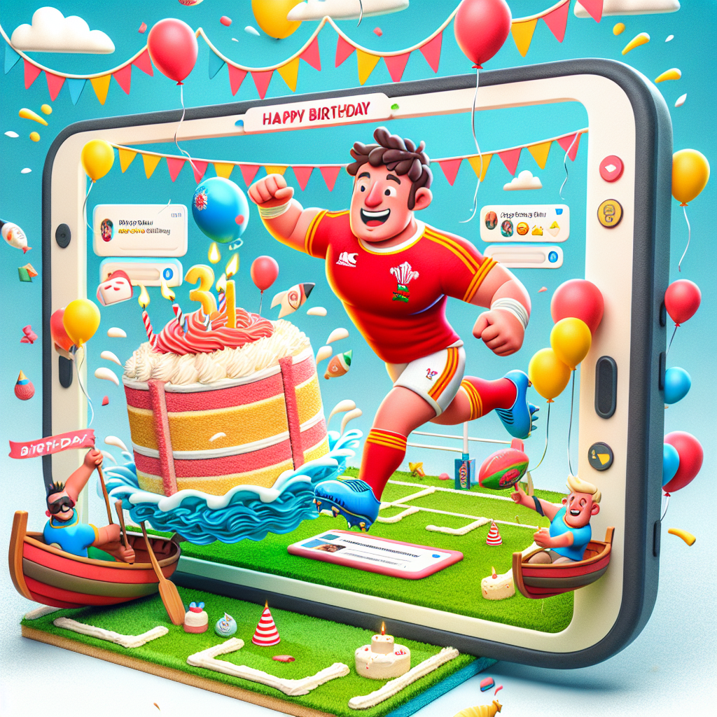 Envision a pleasant birthday spectacle in a cartoon style. Featured centrally is an exuberant Welsh rugby player character, proudly wearing national team's attire, kicking a vibrant rugby ball, cleverly transformed into a birthday cake. The scene unfolds against a setting teeming with festive decorations - bunting and balloons. Nearby, an animated boat with a cheerful countenance navigates through a sea made up of undulating frosting. This entire engaging scene is creatively encased within an enormous, illustrated mobile phone, displaying cheerful birthday notifications replete with emojis.
Generated with these themes: Welsh rugby, Sailing Sunseeker boats, and His mobile phone.
Made with ❤️ by AI.