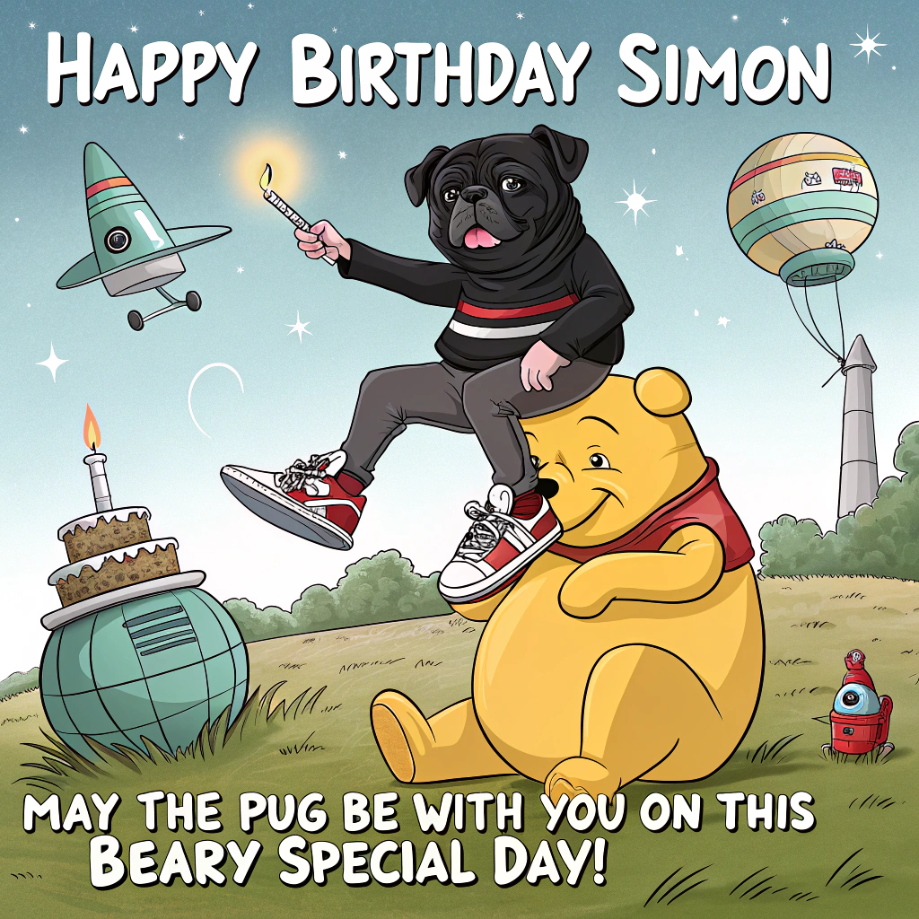 Black pug called George, Adidas sneakers, Giant Winnie the Pooh, Traffic light lollies, Star Wars , and Birthday Card