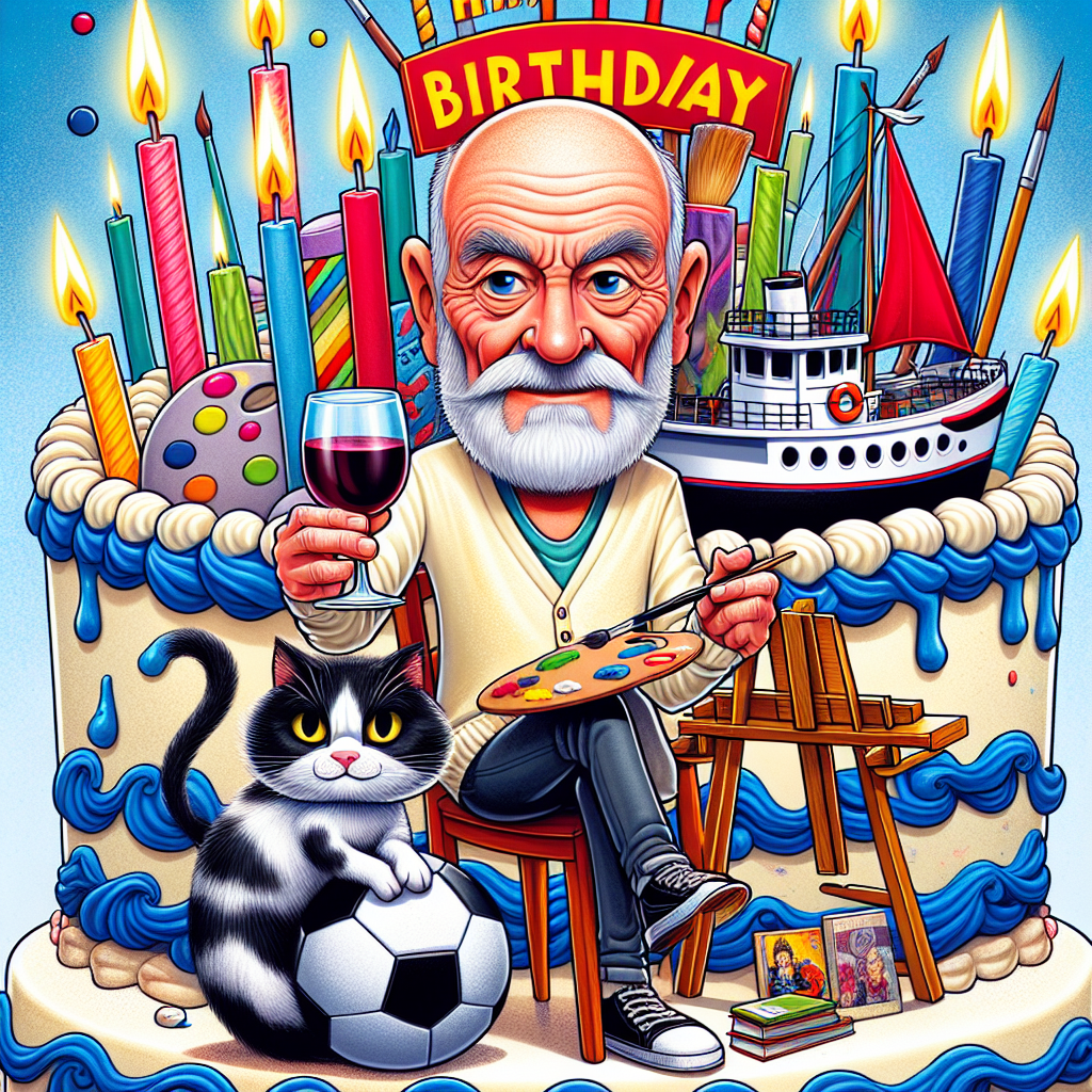 A colorful and playful cartoon birthday card prominently showcases a caricature of an 80-year-old, bald, Caucasian man with a short grey beard. He's drawn with affection, holding a glass of red wine in one hand, his black and white tuxedo cat, equipped with a miniature artist's palette, nestled at his feet. In the backdrop, a fanciful trawler fishing boat sails on undulating waves of blue icing, embedded in a massive birthday cake adorned with candles. Around him, his hobbies come alive: easels shrouded in bright dabs of paint express his artistic streak, soccer balls bounding at the corners signal his sporty side, amidst a medley of rock music records and books indicating his eclectic taste.
Generated with these themes: David, Bald old white man, 80, Red wine, Soccer, Black and white tuxedo cat, Artist painter, Trawler fishing boat, Short grey beard, Books, and Rock music.
Made with ❤️ by AI.