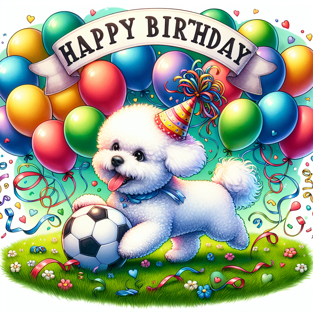 Create a lively and vibrant image of a cartoonish birthday scene. The picture should prominently feature a playful Bichon Frise, a lovable dog breed, adorably adorned with a party hat. It should portray the dog frolicking across a grassy field with a soccer ball, in a mood filled with pure joy and playfulness. The dog is surrounded by an array of colorful, buoyant balloons and fluttery streamers, reflecting a cheerful and festive atmosphere. Gracing the top of the image should be a hand-drawn banner with 'Happy Birthday' inscribed on it, each letter individualistically styled to echo the light-hearted, fun theme of the cartoon.
Generated with these themes: Football, and Bicton frise .
Made with ❤️ by AI.