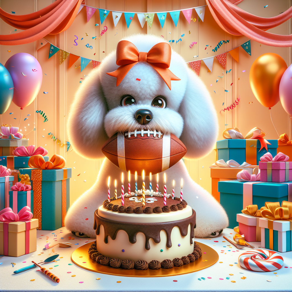 Create an image of a pleasant, cartoon-themed birthday party setting. Dominating this playful scene, a cartoon Bichon Frise, decorated with a festive bow, expertly balances a football on its nose. The dog is the centerpiece of this birthday party, which is set against a backdrop exploding with confetti and festively wrapped birthday presents. A delicious-looking cake, cleverly shaped like a football, sits front and center, enticing all to slice into it. The overall feel of this tableau should be one of joy, playfulness, and heartfelt warmth, perfectly encapsulating the spirit of a jovial celebration.
Generated with these themes: Football, and Bicton frise .
Made with ❤️ by AI.