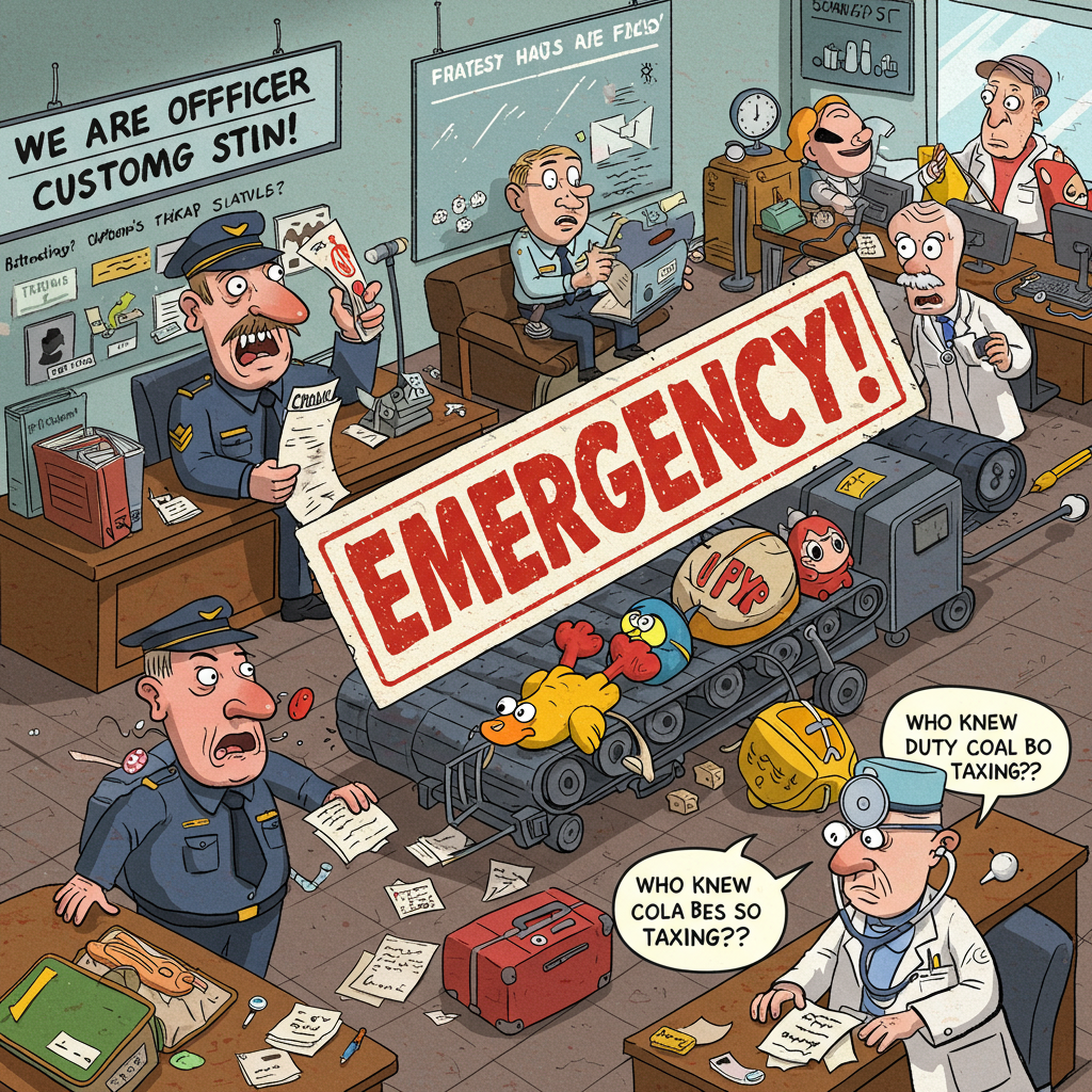 At the top of the Cartoon Style image, include the text: "WE ARE HAVING FUN".

**Image Prompt:**

Create a whimsical cartoon scene set in a bustling customs office, where a comical chaos unfolds. The office is filled with exaggerated characters in bright colors: a frantic customs officer juggling paperwork, a duty collector buried under a mountain of tariffs, and a doctor with a stethoscope checking the pulse of an overloaded luggage conveyor belt. Each character is humorously exaggerated with wide eyes and exaggerated movements. The conveyor belt seems to have come to life, with items like rubber chickens and giant novelty items spilling out. In the middle of the scene, an oversized stamp reads “EMERGENCY!” in bold, comical letters. Despite the madness, everyone appears to be having a blast, showcasing a sense of humorous teamwork. At the bottom of the image, a cheeky speech bubble from the doctor says, "Who knew duty could be so taxing?!"
Generated with these themes: .
Made with ❤️ by AI.