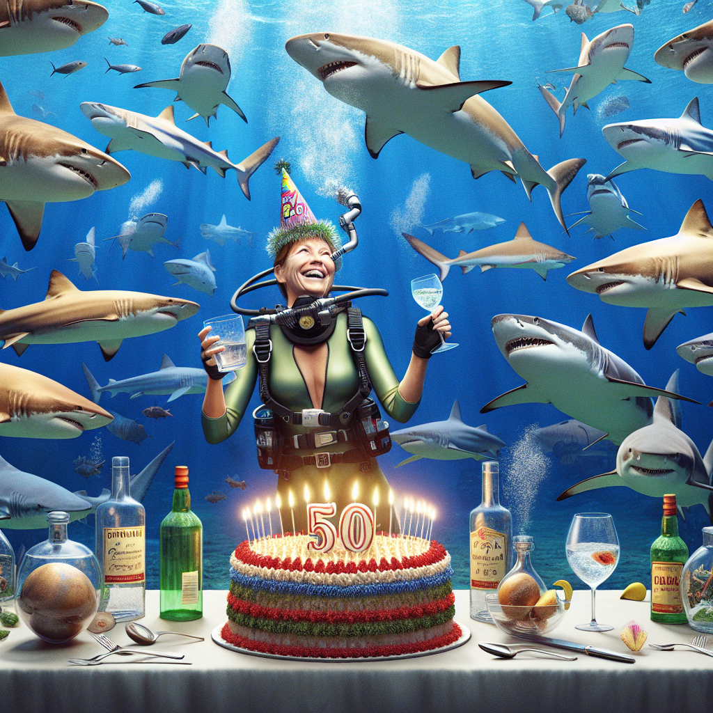 In this lively undersea scene, a multitude of sharks get into the festive spirit as they don variously colored and shaped party hats, performing a whimsical dance around the focal point. A Middle-Eastern female scuba diver, who appears tickled by the spectacle, also wears a matching party hat and grasps a bottle of gin, her posture radiating joviality. Swinging gently with the ocean's current, a 'Happy 50th' banner hangs above. Amid the oceanic celebration, an appetizing birthday cake garnished with the generic name 'PAUL' in bright candlelight awaits attention.
Generated with these themes: Lots of sharks with party hats, laughing scuba diver with party hat, gin, happy 50th banner, birthday cake PAUL as candles .
Made with ❤️ by AI.