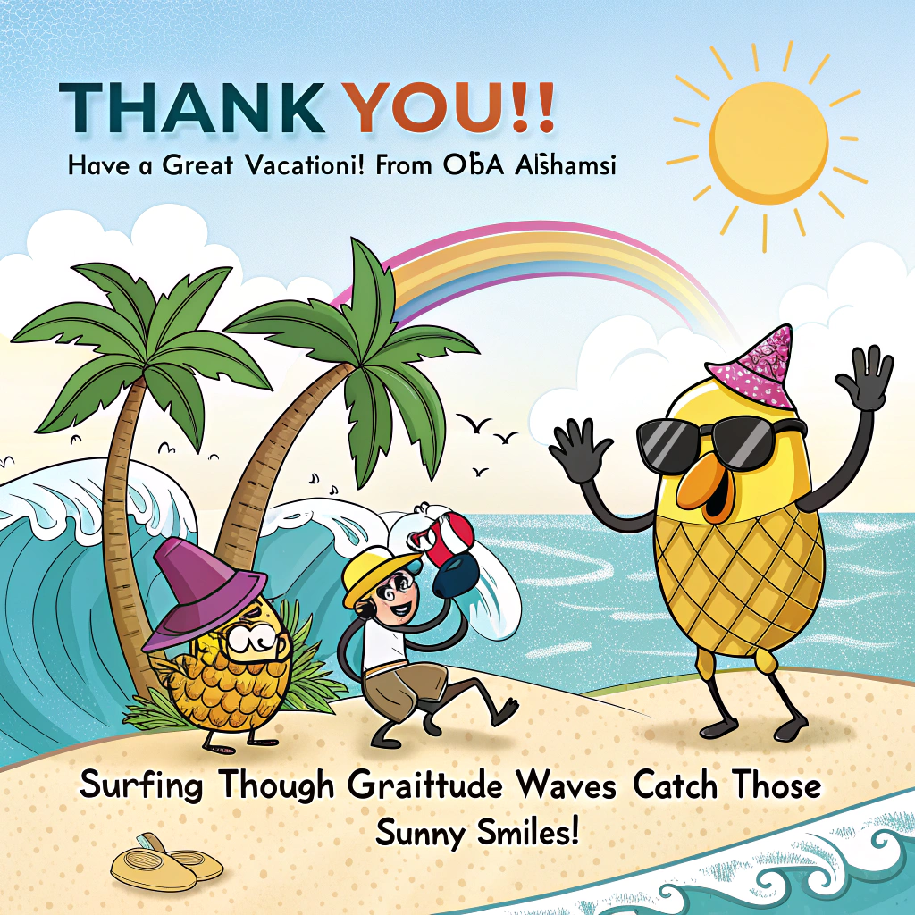 At the top of the image, "thank you !! Have a great vacation!! from Osha Alshamsi":

At the bottom of the image, "Surfing through gratitude waves – Catch those sunny smiles!" 

- Imagine a lively cartoon scene with anthropomorphic palm trees wearing sunglasses, joyfully swaying their arms as they wave goodbye. A colorful parrot with an oversized beach hat surfs effortlessly on a wave made of thank-you notes, each carrying a heartfelt message. The sun beams down warmly, adding a bright and cheerful vibe to the tropical vacation scene.
Generated with these themes: Tropical vacation , and .
Made with ❤️ by AI.
