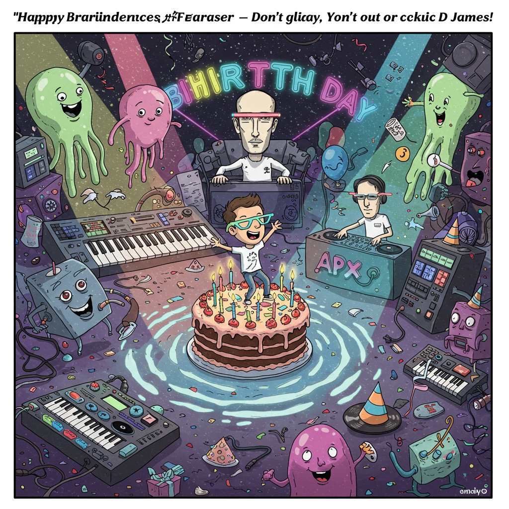 **Image Prompt:**

At the top of the illustration image: *"Happy Braindance Birthday, Fraser – Don’t glitch out on the cake!"*

An illustrated surreal birthday rave scene set in a warped Aphex Twin-style world: picture Fraser, wide-eyed and cartoonish, wearing glowstick glasses and riding a birthday cake that's pulsating like a subwoofer. Giant distorted synthesizers bounce around in the background like jelly, and an anthropomorphic 303 drum machine wears a party hat while spraying confetti from its knobs. A trippy DJ booth hovers mid-air, where a caricatured Aphex Twin (complete with cheeky grin) spins vinyls made of jellybeans. Laser lights form psychedelic "HAPPY BIRTHDAY" text in the air, and a sentient balloon with Richard D. James' mischievous face floats overhead, humming breakbeats. Style: colorful, absurdist, high-energy cartoon. Mood: funny, chaotic, playfully weird.
Generated with these themes: Aohex twin.
Made with ❤️ by AI.