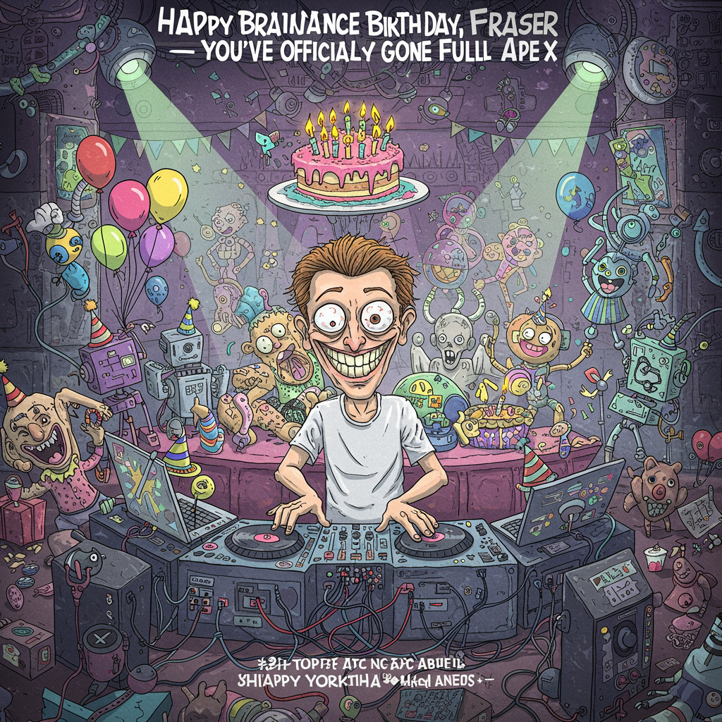 **Prompt:**

At the top of the illustration image: "Happy Braindance Birthday, Fraser – You've Officially Gone Full Aphex!"

Create a wild, funny illustration in the style of a surreal electronic fever dream. The central character is Fraser, drawn in a caricatured style wearing Richard D. James’s signature evil grin, complete with exaggerated creepy smile and bulging cartoon eyes. He's DJing a birthday party inside a warped, futuristic nightclub that looks like a melting rave in an alien basement — complete with neon-glitched balloons, glitchy birthday cake spinning on vinyl turntables, and bizarre dancing characters who are part robot, part birthday clowns.

Add humorous details like laser-shooting party hats, breakdancing teddy bears, and Fraser’s DJ booth covered in birthday candles and tangled cables. The scene should be chaotic, colourful, slightly absurd — an Aphex Twin-style birthday meltdown filled with joyful chaos. Make the illustration style detailed and hand-drawn, with a playful psychedelic edge, mixing birthday fun with twisted IDM rave vibes.
Generated with these themes: Aohex twin.
Made with ❤️ by AI.