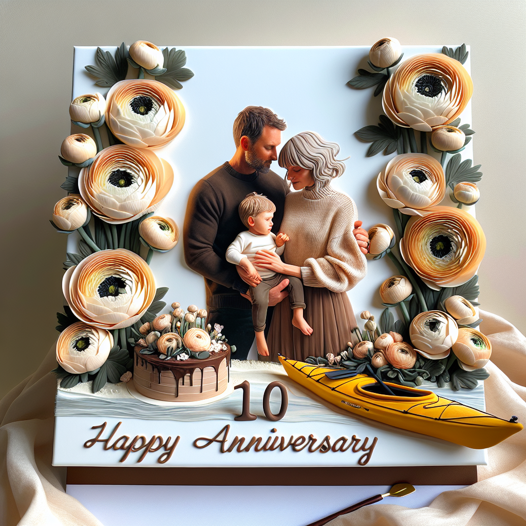 Create an endearing image celebrating the ten-year anniversary of a Caucasian couple, capturing a tender moment with their young child. The background features a lush array of soft-petaled ranunculus, adding a romantic aura to the scene. There's a kayak subtly incorporated into the background, symbolizing their shared love for adventurous outings. Hints of chocolate color are sprinkled throughout the scenery, from the frosting on their anniversary cake to the shades in their attire, to convey an atmosphere of indulgence and joy.
Generated with these themes: White couple with baby, 10, Wedding , Kayak, Ranunculus , and Chocolate.
Made with ❤️ by AI.