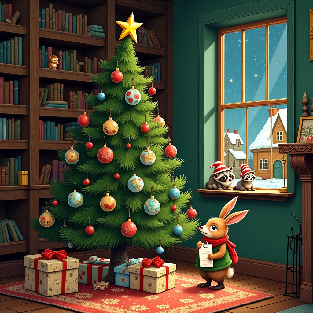 In the center of the scene, a quirky Christmas tree is adorned with an assortment of whimsical ornaments, each one a little story in itself. Instead of the typical baubles, the tree is decorated with tiny, illustrated scenes from classic fairy tales, each orb depicting a miniaturized adventure. At the top, a golden, mischievous star with cartoonish, wide eyes and a cheeky grin tips jauntily to the side, as if it might wink at you. The tree is set in the middle of a cozy, book-filled library room, with dark mahogany shelves towering behind it, reminiscent of an Edward Gorey illustration. Amongst the tree’s branches, various quirky characters from the minds of Maurice Sendak and Beatrix Potter come to life – a small, sprightly mouse dressed as an elf, clutching a candy cane almost as big as itself, and a dapper fox in a Victorian waistcoat, sipping tea from a thimble-sized cup.

In the foreground, an anthropomorphic, slightly bewildered rabbit, wearing a patchwork scarf and holding a clipboard, stands on a vintage patterned carpet that looks like something out of a Maxfield Parrish dreamscape. The rabbit appears to be conducting an inventory of the gifts under the tree – an eclectic mix of packages wrapped in paper depicting intricate Aubrey Beardsley-esque designs. One box humorously leaks with sparkling stardust, hinting at an enchantment inside.

To the right of the tree, a small, crooked window reveals a picturesque, snowy village scene outside, its quaint, illuminated houses resembling those from a Norman Rockwell painting, nestled under a deep blue, starlit sky. A pair of mischievous raccoons, sporting tiny red Santa hats, can be seen peeking through the window, their eyes wide with curiosity. Above the mantlepiece, an illustration of a classic Gustave Doré scene, possibly from a Christmas Carol, hangs in an ornate, gilded frame. It's a delightful, busy tableau that tells a charming, festive story with every detailed glance.
Generated with these themes: christmas tree.
Made with ❤️ by AI.