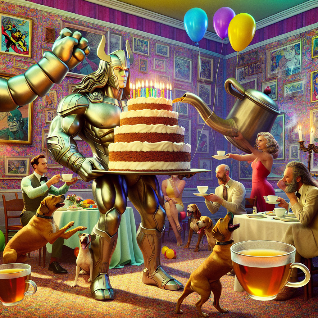 A birthday scene merges surreal elements with real ones. In the center of the room, an extravagant superhero-themed tea party is in full swing. Giant statues resembling armored warriors and gods of thunder hold trays loaded with hot cups of earl grey tea. The wallpaper seems alive, fluctuating and shimmering, while sophisticatedly dressed dogs carry out insightful discussions about the climate. The cake takes the shape of a pile of vintage comic books, with each layer oozing a distinct earl grey taste. Balloons imitating robust fists and symbolic shields float overhead, displaying a peculiar defiance of gravity.
Generated with these themes: Marvel, Tea, and Dogs.
Made with ❤️ by AI.