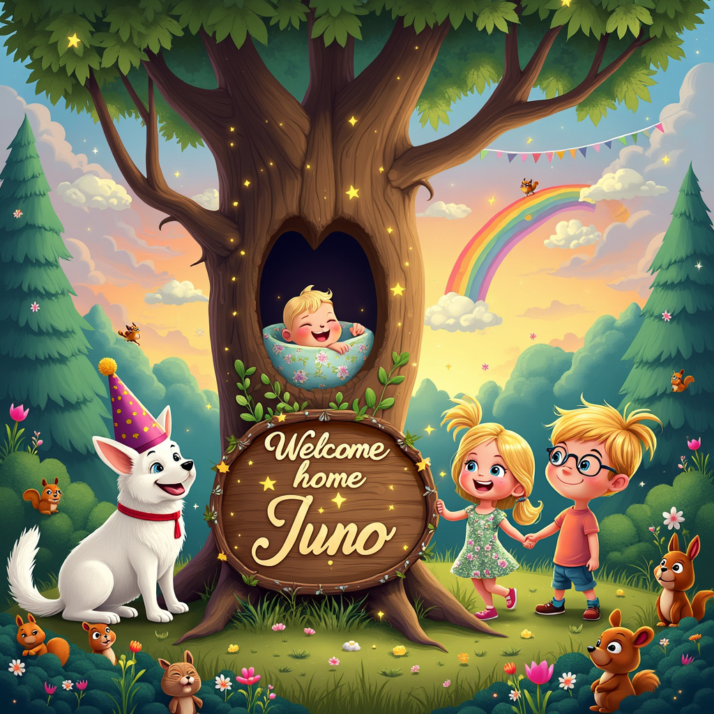 The scene is set in a vibrant, whimsical forest bursting with lush green foliage, colorful wildflowers, and tall, majestic trees. The central focus is a large, ancient oak tree with a charming, heart-shaped hollow in its trunk. From this hollow emerges a tiny baby, joyfully wrapped in a blanket decorated with stars and moons, symbolizing the arrival of new beginnings.

To the left of the oak tree, a cheerful white German shepherd with expressive eyes and a playful smile is sitting proudly, wearing a festive party hat adorned with a little pom-pom. The dog’s fluffy tail is wagging in excitement.

On the right side of the tree, a little girl with bouncy blonde curls and a floral dress is gleefully holding hands with a little boy who has neatly combed blonde hair and glasses. They are both dressed in bright, colorful clothes and are holding a large, ornate sign between them that reads, "Welcome home Juno." The sign is decorated with leaves and tiny, twinkling fairy lights, giving it a magical appearance.

Above the scene, the sky is a brilliant gradient of oranges and purples, suggesting either a sunrise or sunset, and fluffy white clouds float gently. Among these clouds, written in elegant, swirling letters formed from stars, is the phrase "Juno is home," giving a sense of celestial celebration.

In the background, the forest is alive with little woodland creatures like squirrels, birds, and rabbits, all peeking out from behind trees or bushes, joining in the welcome. To further enhance the sense of joy and achievement, colorful banners and streamers are strung between trees, and a rainbow arcs across the sky, completing the festive atmosphere.

This detailed scene not only tells a story but also incorporates all the requested elements in a unique and imaginative way, celebrating Juno's achievement and return home.
Generated with these themes: A Tiny baby , White German shepherd , Little girl with blonde curly hair, Little boy with blonde hair and glasses, Forest, and A sign saying "Welcome home Juno".
Made with ❤️ by AI.