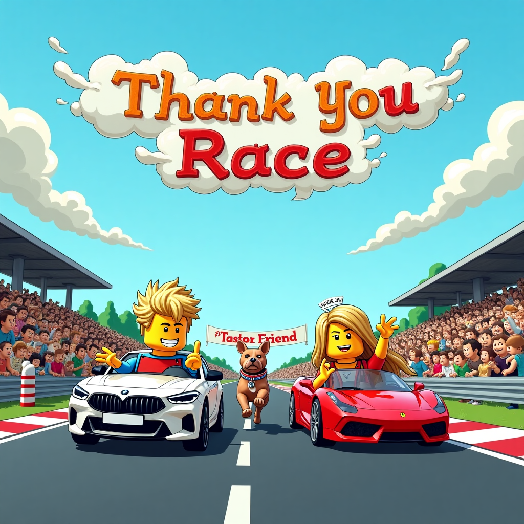 In this whimsical and surreal thank-you scene, imagine a bustling racing track set against a clear azure sky. The track is teeming with action and vibrant colors. On one side, a Lego boy with a mop of blond hair grins mischievously from the driver’s seat of a gleaming white BMW M2. The car's glossy surface reflects the sun's rays, accentuating the Lego boy’s sense of excitement. Beside him, a Lego girl with long blond hair waves enthusiastically from her sleek red Ferrari, her hair cascading in a cartoonish wind-blown style reminiscent of the exaggerated expressions from a Bill Watterson strip. 

In the midst of this Lego speed spectacle, a Pit Bull dog, with its ears perked up and a happy, lolling tongue, runs joyfully along the track, its paws playfully bouncing on the tarmac as if in a race of its own. The Pit Bull’s collar jingles with a charm that says “Fastest Friend.”

Above this animated ensemble, the name "Zajawa to podstawa" is creatively written in the sky, formed by fluffy clouds in a way that echoes the whimsical typography of Charles Schulz’s Peanuts. This name weaves in and out of the clouds, creating a banner that seems to dance across the sky, celebrating the fun and gratefulness of the moment.

Around the track, spectators are depicted as a mix of Lego figures and animals, each with exaggerated expressions of joy and amazement, their eyes wide with wonder much like in a classic Walt Disney animation. In the foreground, a tiny grandstand displays a banner that reads "Thank You Race" in bold, colorful letters, tying the entire scene together with a nod to the spirit of gratitude. 

The scene bursts with dynamic energy, inviting the viewer into a world where toys and pets alike come together to create a whimsical thank-you adventure.
Generated with these themes: Lego boy with blond hair and white bmw m2 , Lego girl with long blond hair and red Ferrari , Pit bull dog, and They are at racing track .
Made with ❤️ by AI.