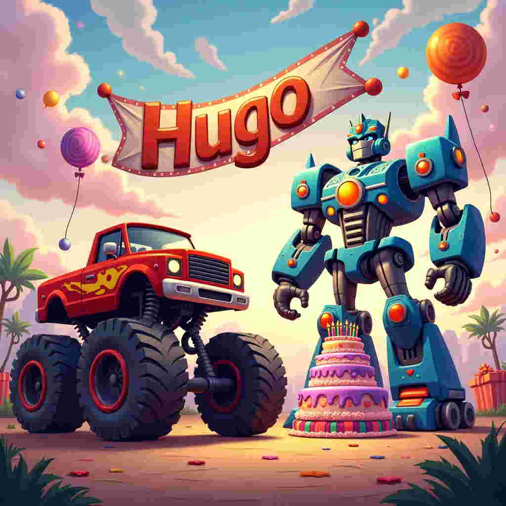 Front and center, an epic showdown unfolds in a fantastical birthday landscape. Picture a vibrant and whimsical arena where a towering monster truck with enormous knobby tires faces off against a robot resembling a classic Transformer, both adorned with exaggerated features and cartoon-like expressions. The monster truck, painted in bright red with bold flame decals in orange and yellow, has a chrome-plated grille and side pipes that seem to roar with excitement. It stands defiantly on a platform made of oversized birthday presents wrapped in shiny, colorful paper and big, sparkling bows.

The Transformer, a magnificent blend of metallic blues and silver, with intricate mechanical details that resemble gears and pistons, towers over a gigantic birthday cake. Its head is stylized with a playful twist, featuring light-up eyes and a cheeky grin. The cake itself is a multi-tiered marvel, iced in vibrant shades of purple and green, with a cascade of candies and sparklers that shoot tiny stars into the sky.

Above this spectacular duel, a banner flutters gently in the wind, displaying the name "Hugo" in bold, comic-style letters. The letters are filled with a patchwork of bright colors, as if pieced together from various festive patterns—polka dots, stripes, and checks.

The background sets the scene in a dreamy, pastel-hued landscape reminiscent of a children's fairytale, where the sky is a swirling mix of pink and lavender, scattered with fluffy, white clouds that look like whipped cream. In the distance, hints of trees with elaborate, curly branches and enormous lollipops punctuate the horizon, lending an air of whimsical enchantment.

Sprinkled throughout the scene, small details like tiny, animated balloons float upwards, each with a smiley face drawn on them, and scattered confetti adds a touch of celebration. The ground beneath is a patchwork quilt of grass and colorful candy tiles, suggesting a land where sweets and adventure abound. This card cover is a delightful fusion of childhood wonder and mechanical marvel, a birthday scene fit for Hugo.
Generated with these themes: Transformers and monster trucks.
Made with ❤️ by AI.