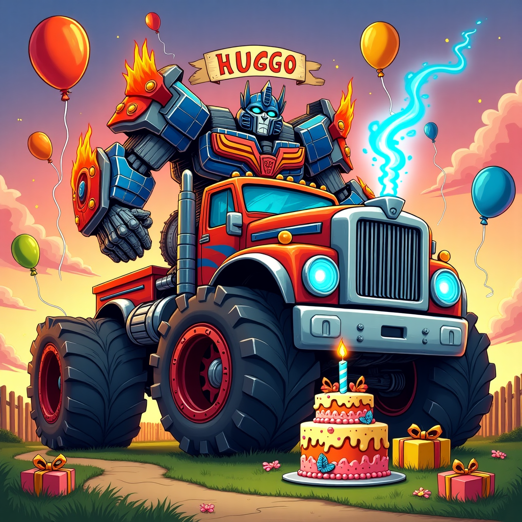 **Front Cover Illustration Description:**

The scene is a vibrant, dynamic fusion of Transformers and monster trucks set against a colorful birthday backdrop. The card is designed with an explosion of details, inspired by the elaborate and expressive style of artists like Norman Rockwell and Maurice Sendak.

**Central Image:**

At the heart of the illustration is a massive, hand-drawn Transformer, intricately detailed with metallic blues, fiery reds, and steely silvers. Its body is a patchwork of gears, wires, and panels, expertly shaded to create a three-dimensional effect. This Transformer is mid-transformation, caught in the exhilarating moment of morphing into a colossal monster truck. The truck's robust wheels, adorned with fiery orange flames, burst out from the Transformer’s limbs.

**Foreground:**

In the foreground, the monster truck emerges fully formed, boasting enormous chrome-plated wheels, each with vivid, swirling patterns of red, yellow, and black. Its grill is a fierce silver snarl, and headlights gleam with a bright, electric blue. The truck's cab is decorated with a banner streaming above it, inscribed with the name "Hugo" in bold, block letters filled with a gradient of electric blue and shimmering silver.

**Background:**

The background is a lively, cartoonish depiction of a bustling birthday party. There's a giant birthday cake, stacked high with layers, each frosted in alternating colors of vibrant yellow and rich chocolate brown, with a large, glowing blue sparkler instead of a traditional candle. Surrounding the cake are festive balloons in various shades of primary colors—red, yellow, and blue—floating up to a sky that transitions from a deep, twilight purple to a dawn-inspired pink.

**Additional Details:**

Scattered around the scene are presents wrapped in textured paper of bright green, vivid orange, and striking red, tied with shimmering metallic ribbons. To one side, a wooden fence, reminiscent of Beatrix Potter's detailed illustrations, borders a patch of lush green grass, while cartoon clouds float overhead, infused with a touch of Maxfield Parrish's ethereal glow.

This explosive, celebratory scene combines the mechanical with the monstrous, all while maintaining a sense of whimsy and vibrant detail that draws inspiration from the imaginative worlds crafted by the listed artists, without directly copying their styles.
Generated with these themes: Transformers and monster trucks.
Made with ❤️ by AI.