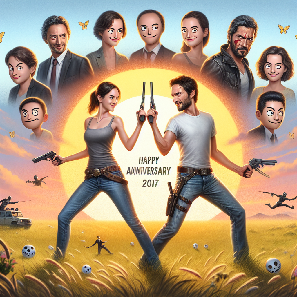 A light-hearted illustration in celebration of an anniversary brings together multiple themes in a spirited blend. A couple stands at the center, their playful expressions and poses as they stand back-to-back, suggesting an impending 'friendly' battle, is reminiscent of an iconic action movie scene. The setting is a peaceful sunset over grassland, akin to the beautiful vistas seen in popular open-world games. Scattered around are subtle nods to famous action franchises and amusing elements like caricatured facial expressions to bring humor to the frame. The couple seems geared up for their next, fun-filled adventure together.
Generated with these themes: The film predator, Red dead redemption , Comedy, and Terminator .
Made with ❤️ by AI.