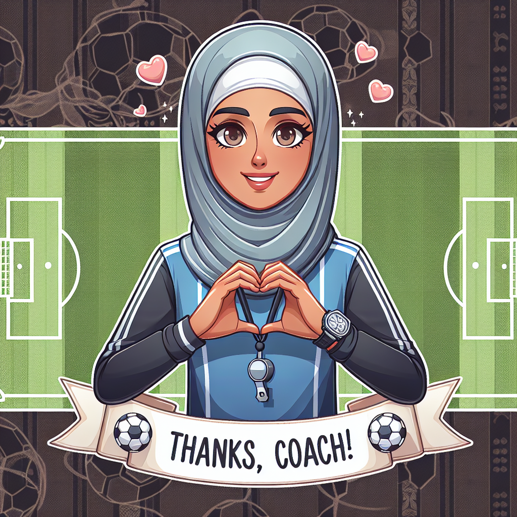 Create a vector image that portrays a Middle-Eastern female soccer coach, illustrated in a cartoonish style with a welcoming facial expression. She is featured with a whistle around her neck and is making a heart shape with her hands. The background displays a digital illustration of a soccer field. Above her head, there is a ribbon banner that says 'Thanks, Coach!' in a charming, handwritten font, enveloped by little hearts and soccer shoes, symbolizing gratitude for her devotion to the sport.
Generated with these themes: Scoccer coach .
Made with ❤️ by AI.