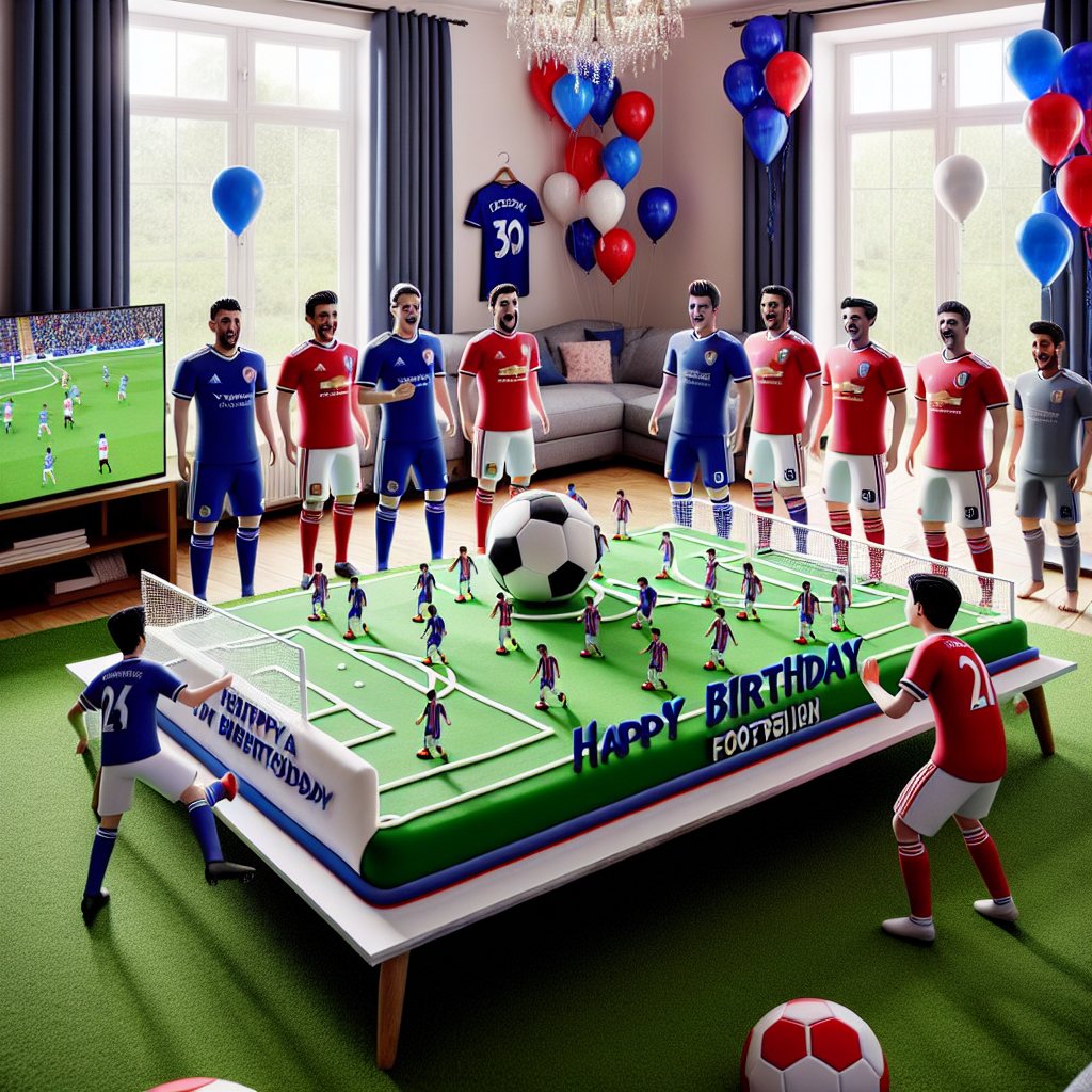 The scene is a warm and inviting birthday celebration, transformed into a football-themed paradise. Specific player memories have been replaced with life-size cutouts of generic football players dressed in blue and red kits, rejoicing around a bespoke birthday cake. The cake is fashioned like a football and is embellished with generic, non-copyrighted football crests. Balloons in the same colors caper above, and a corner of the room is dedicated for virtual penalty shootouts on a realistic football simulation game.
Generated with these themes: Queens Park Rangers, Glasgow Rangers , and Footba.
Made with ❤️ by AI.