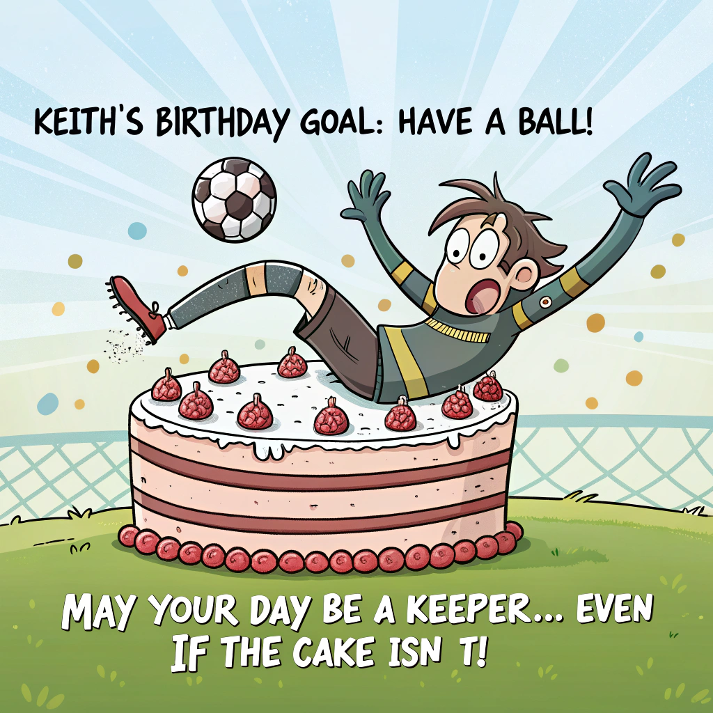 At the top of the image, "Keith's Birthday Goal: Have a Ball!"

At the bottom of the image, "May Your Day Be a Keeper... Even If the Cake Isn’t!"

- In the center of the image, illustrate a playful, cartoon-style scene where a goalkeeper is hilariously tripping over a giant birthday cake, his arms flailing and eyes wide with surprise. The cake is decorated with a soccer ball pattern, adding to the sporty theme. Bright, exaggerated expressions and colors give the image a whimsical and celebratory feel.
Generated with these themes: Football, and .
Made with ❤️ by AI.