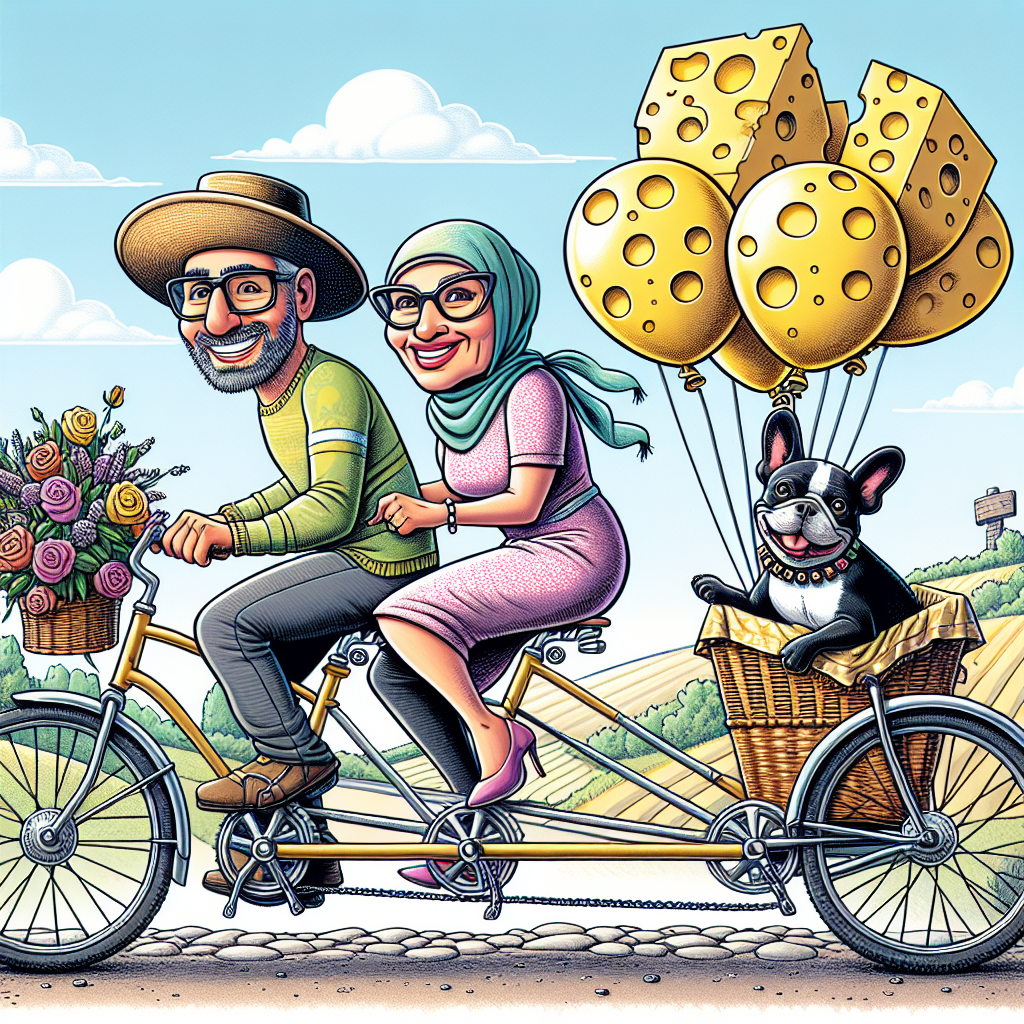 Create a humorous cartoon celebrating a special anniversary. The scene features a diverse couple, one Hispanic male and one Middle-Eastern female, both clad in cycling attire, energetically pedaling a festively adorned tandem bicycle. Their lovable black and tan French Bulldog is in stride with them, exuding elegance in a distinctive hat that amusingly looks like a wheel of cheese. The background illustrates an idyllic rural landscape, interspersed with balloons shaped like blocks of cheese and an occasional flower crafted out of bicycle parts, reflecting their combined interests in a delightful and whimsical scene.
Generated with these themes: Cycling, cheese, black and tan french bulldog.
Made with ❤️ by AI.