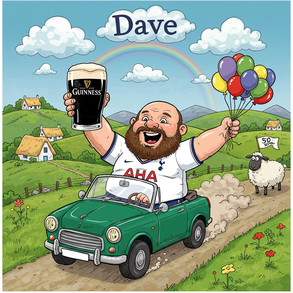 In the center of the card, a rotund, cartoonish 50-year-old man with a shiny, bald head and a thick, bushy beard is the focal point. He is seated in a tiny, vintage convertible car that seems to be zipping through the rolling green hills of Ireland. The car, a vibrant shade of emerald green, has wheels slightly oversized and comically exaggerated, giving a sense of speed as dust clouds form behind it.

The man is sporting a white Tottenham Hotspur shirt, with the iconic cockerel emblem prominently displayed. His eyes are wide with excitement, and one hand is gripping the steering wheel, while the other is clutching a frothy pint of Guinness, held high in celebration. The pint glass is oversized, brimming with dark stout and topped with a creamy head.

In the background, charming cartoon-style Irish cottages with thatched roofs dot the landscape. A rainbow arcs across the sky, ending near a small pot of gold just visible at the edge of the card.

Overhead, in fluffy white clouds, the name "Dave" is whimsically written, blending with the serene blue sky. Below the clouds, colorful balloons with long strings are tied to the car's bumper, bouncing along with the movement.

Near the foreground, a cheeky sheep, drawn with exaggerated features like large eyes and a quirky grin, stands on a hill, waving a small flag that reads "50" in bright red letters.

The entire scene is vibrant, with bold outlines and a color palette that includes rich greens, bright whites, and warm golds, reminiscent of Hergé’s clean style combined with the playful spirit of Bill Watterson's characters.
Generated with these themes: 50 year-old, bald man with beard, Drinking Guinness in Ireland , Driving quickly , Wearing a white Tottenham Hotspur shirt, and Celebrating his 50th birthday .
Made with ❤️ by AI.