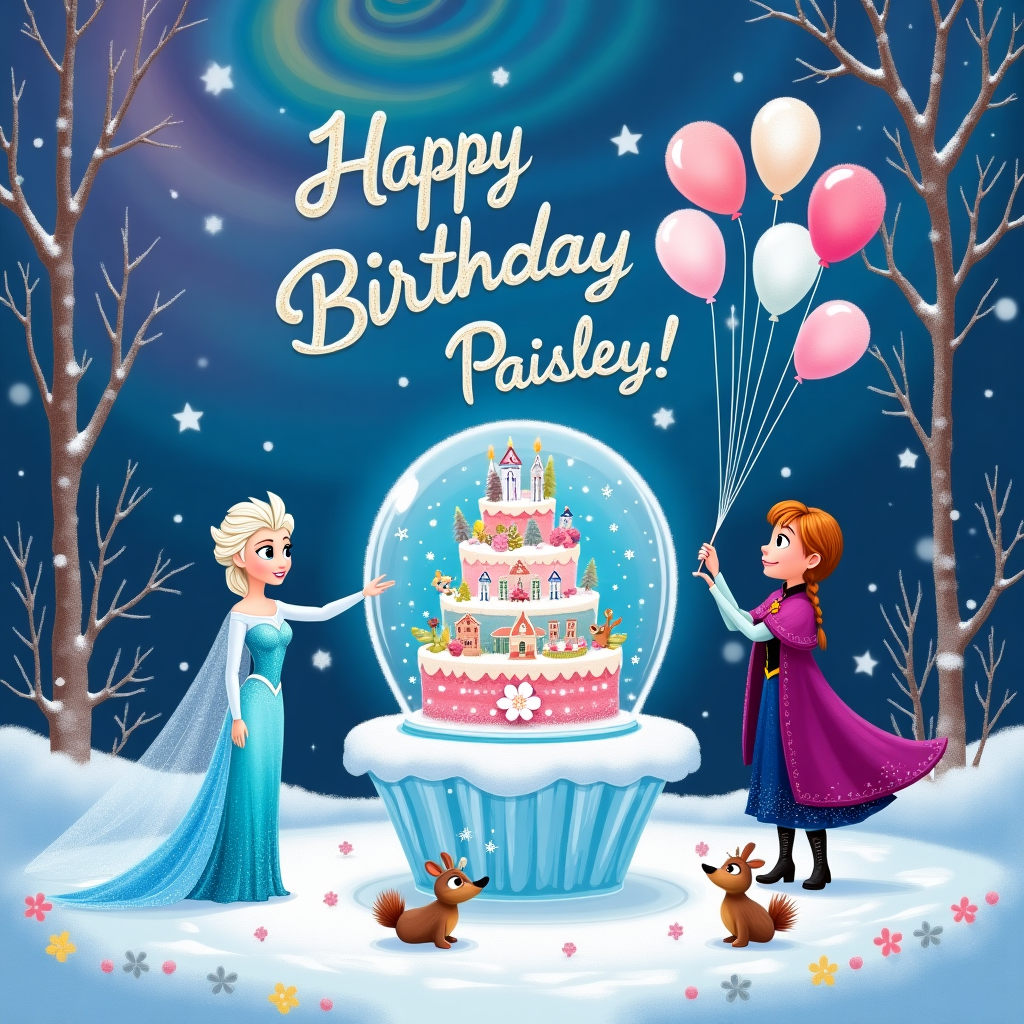 In the whimsical world of our birthday greeting card, imagine a snow-kissed landscape straight from a magical fairy tale, where our beloved characters Elsa and Anna take center stage. Inspired by the crisp lines and expressive characters of Charles Schulz and the enchantment of Walt Disney's creations, the scene unfolds in a serene ice palace garden. Elsa, with her shimmering ice-blue dress and sparkling snowflake cape, is standing gracefully to the left, conjuring an intricate ice sculpture in the form of a giant snow globe. Inside the snow globe, we see a miniature version of Arendelle, complete with tiny frosted rooftops and twinkling lights, capturing the delicate detailing reminiscent of Winsor McCay's dreamlike settings.

To the right, Anna, clad in her iconic magenta cloak and winter attire, is playfully arranging a cascade of balloons that float upwards, painted with hues of pastel pinks and purples inspired by Bill Watterson's vivid palettes. The balloons are whimsically shaped like snowflakes and flowers, a nod to the magical union of nature and Elsa's icy powers.

Central to this enchanting scene is a multi-tiered birthday cake perched on a frosty table made of transparent ice, its layers adorned with intricate sugar snowflakes and forest creatures, as if lifted from a Tezuka manga. At the pinnacle of the cake, spelled out in glistening sugar is "Paisley" with each letter crafted to resemble a unique snowflake, casting soft shadows on the cake beneath it, akin to the detailed artistry of Hergé.

Above, the sky is a swirling tapestry of twilight hues, reminiscent of a Northern Lights display, with streaks of lavender, teal, and gold gently curving across the canvas, inspired by the sweeping skies of Gary Larson’s imagination. Here, fluffy clouds part to reveal the words "Happy Birthday Paisley!" written in glittering, frosty script, as if Elsa herself had woven them from ice crystals.

In the foreground, woodland creatures gather in a playful tribute, their eyes wide with wonder like R. Crumb's expressive characters. A raccoon holds a party horn, while a rabbit balances a tiny ice crown on its head, and a squirrel excitedly clutches a gift wrapped in silver foil.

This birthday card is a harmonious blend of storybook enchantment and playful artistry, ensuring that Paisley’s special day is celebrated in a scene that sparkles with creativity and magic.
Generated with these themes: Elsa and anna.
Made with ❤️ by AI.