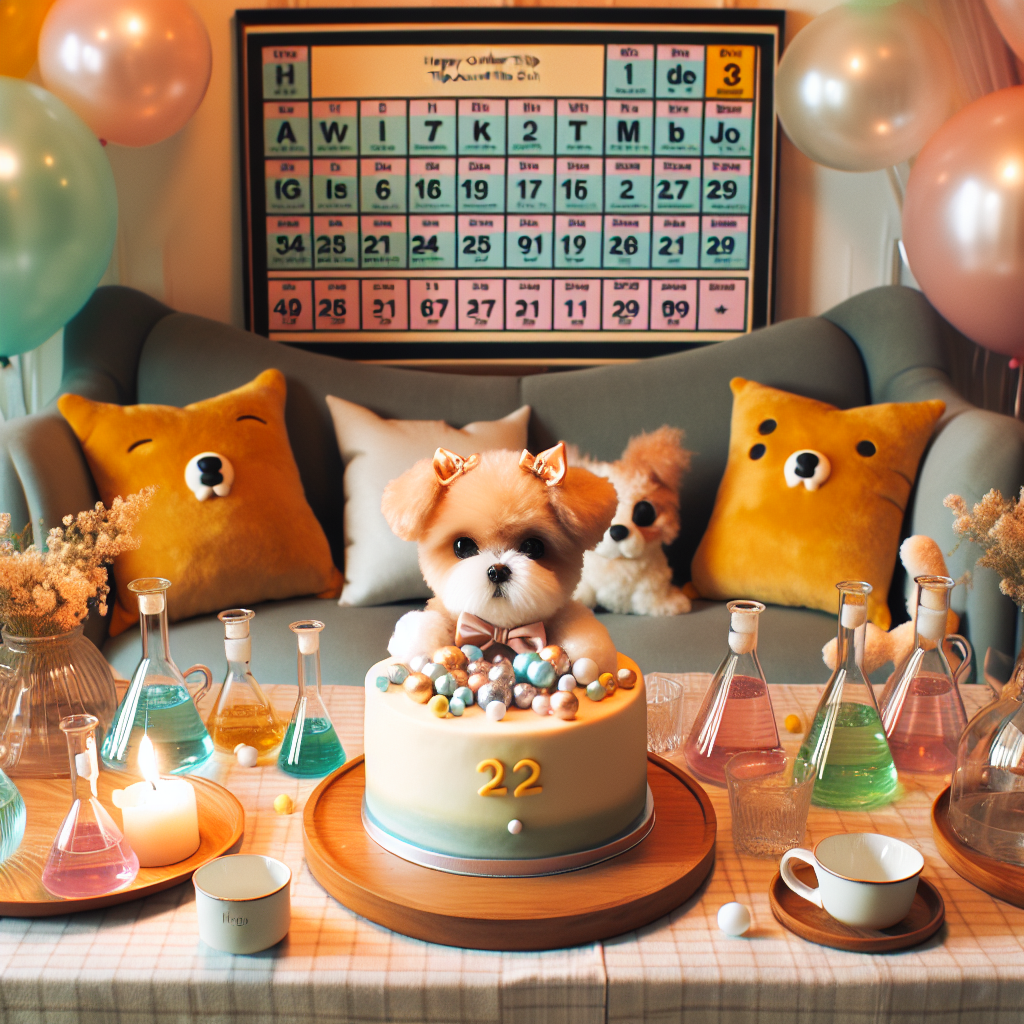 A quaint birthday setup that radiates a cozy charm, featuring a warm, pastel palette. In the center, a cake adorned with edible chemistry beakers and equations resembles the cover art of a pop album released in 2019. Around the room, life-like plushies of a small, short-legged dog nestle between balloons and decor inspired by the periodic table, exuding an adorable yet scholarly atmosphere, symbolizing another trip around the sun.
Generated with these themes: Taylor swift, Chemistry , and Corgi.
Made with ❤️ by AI.