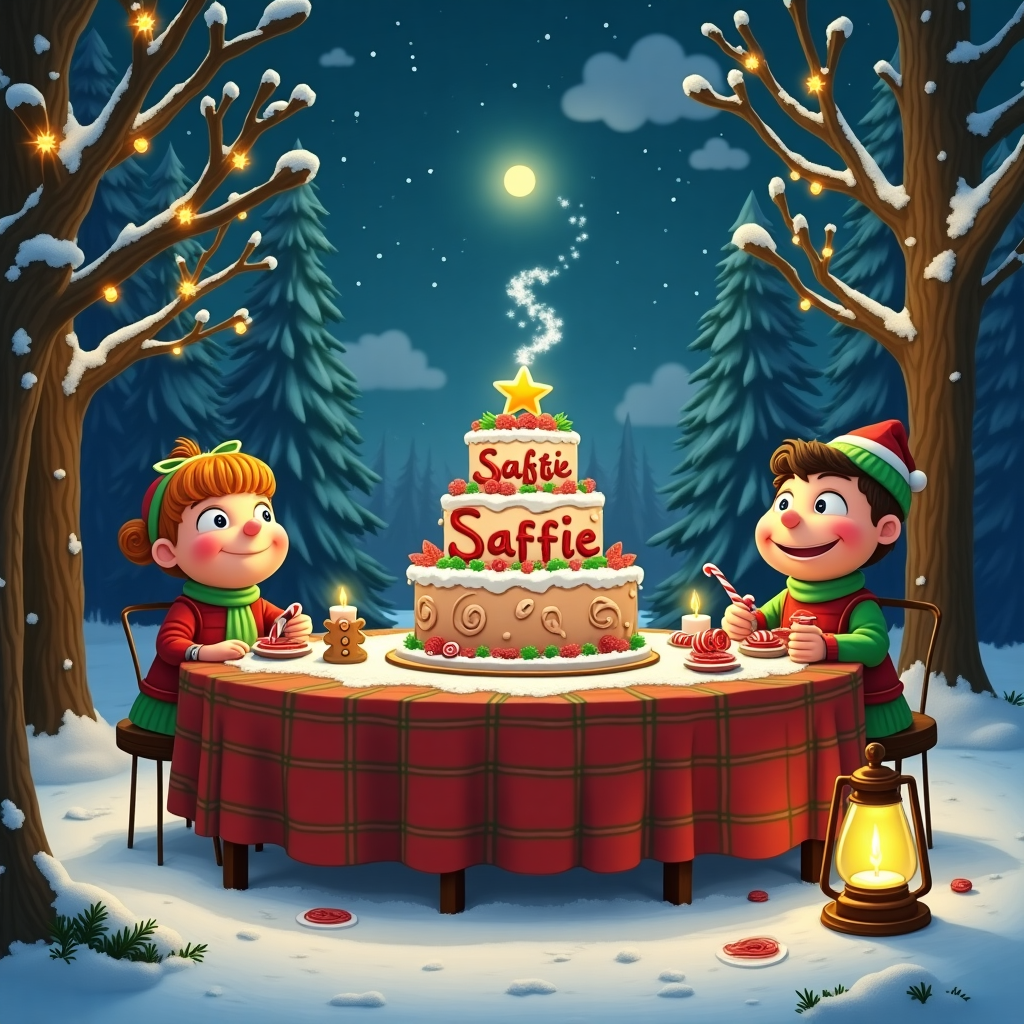 In the magical world of the Tots TV Christmas special, the scene bursts with a delightful concoction of whimsy and holiday cheer. The setting is a snowy, enchanted woodland where the three Tots—Tilly, Tom, and Tiny—are gathered around an oversized wooden table draped with a red and green checkered cloth. The table is laden with festive treats like gingerbread men, candy canes, and a steaming pot of hot cocoa, its wisps of steam curling up like the tendrils of a mysterious mist. At the center of the table stands a three-tiered cake, extravagantly decorated with sugar snowflakes and topped with a shimmering star. The most enchanting feature of the cake is the name "Saffie" beautifully scripted in vibrant red icing on the middle tier, surrounded by delicate sugar holly leaves.

Behind them, towering pine trees are festooned with twinkling fairy lights and baubles, their branches dusted with freshly fallen snow. Perched on one of the branches, a curious owl watches the festivities with wide eyes. In the sky above, the stars twinkle like a sea of tiny diamonds, with one star particularly bright, casting a warm glow over the scene. Among the clouds, subtle puffs of letters emerge, playfully spelling out "Saffie" in a whimsical dance across the night sky. Near the table, an old-fashioned lantern provides a gentle, flickering light, enhancing the cozy atmosphere of this surreal yet heartwarming Christmas celebration with the Tots.
Generated with these themes: Tots TV.
Made with ❤️ by AI.