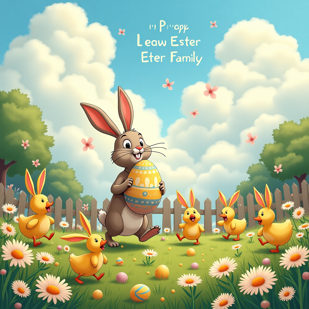 Easter eggs , Rabbits, Garden , Ducks, and Daisy's Easter Card