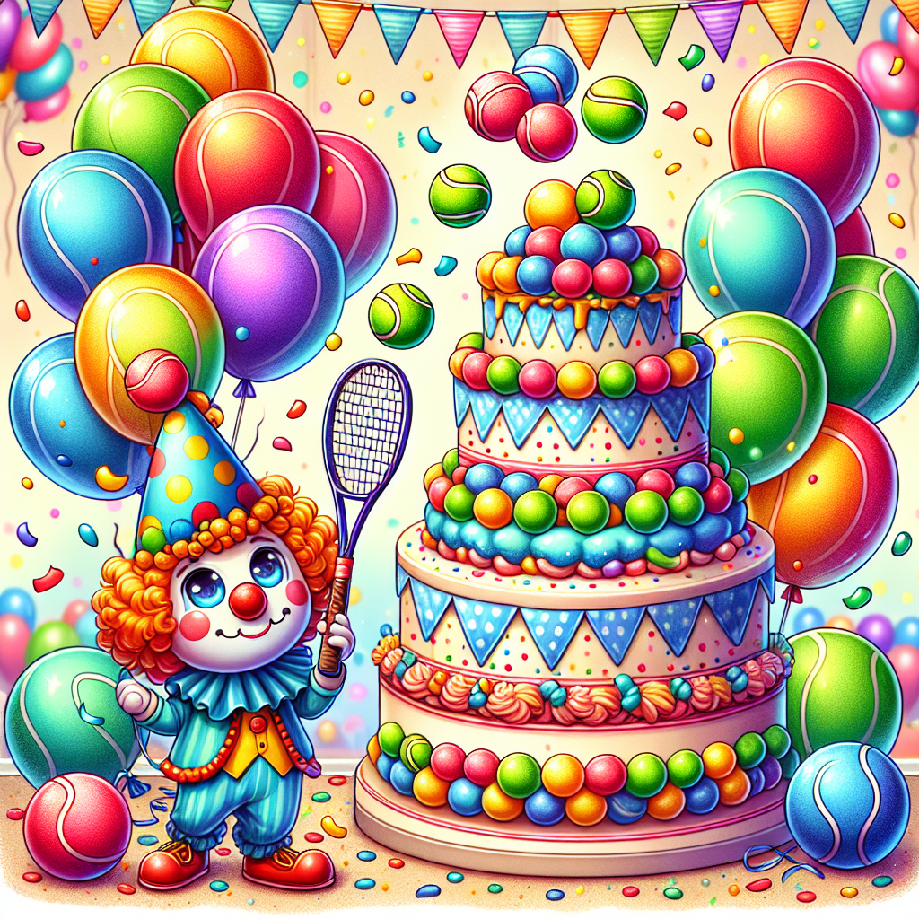 Create a detailed illustration reflecting a joyful birthday occasion using cute, whimsical style. The focal point of the image is a merry clown juggling a cascade of vibrantly colored tennis balls. The backdrop is festively decorated with an abundance of balloons in a rainbow of colors and sprinkles of confetti scattered across the scene. Additionally, a delectable tennis racquet-shaped cake steals the spotlight, adorned with a miniature clown figure perched atop as the perfect finishing touch, connecting all elements of the scene whimsically together.
Generated with these themes: Tennis, and Clowns.
Made with ❤️ by AI.