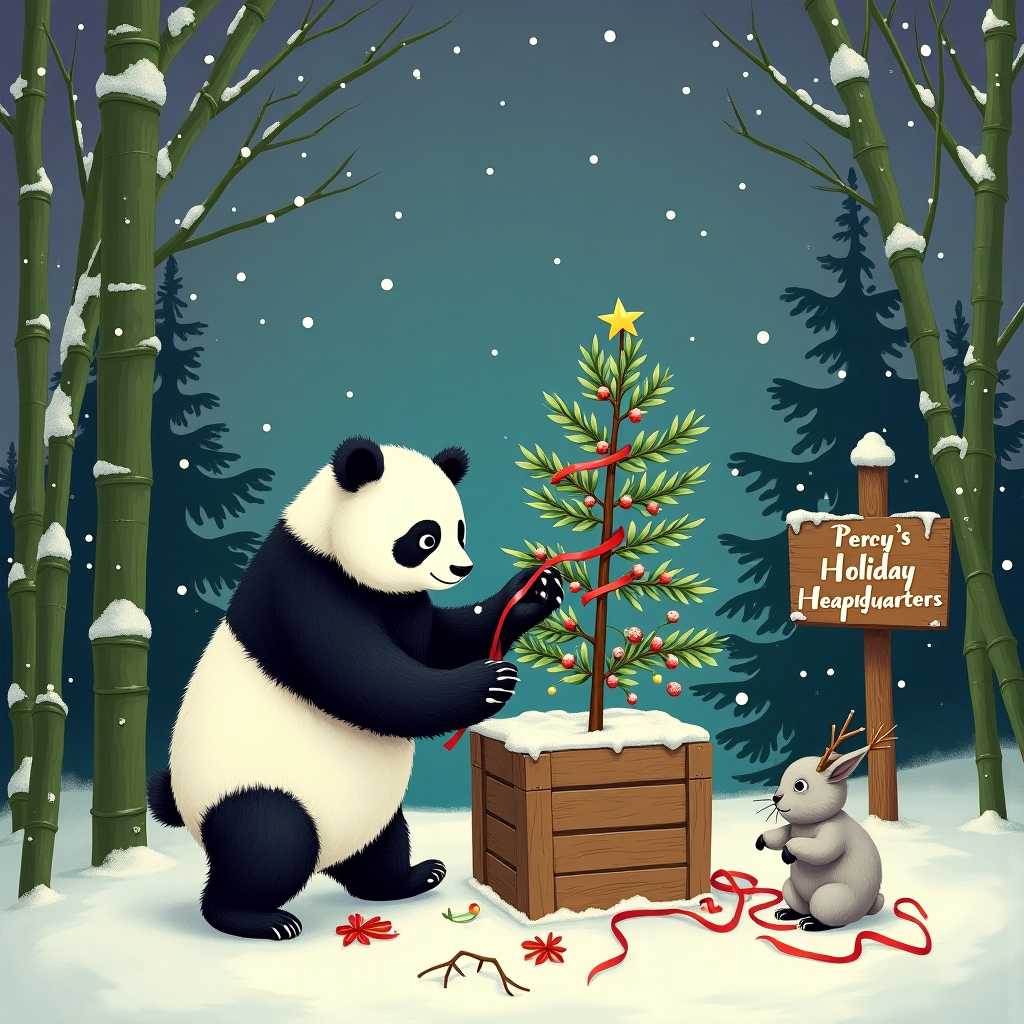 In the whimsical heart of a snow-dusted bamboo forest, a rotund panda named Percy is engrossed in his unusual holiday tradition. Imagine the scene: Percy, with his fur fluffed from the cold, is attempting to decorate a tiny, crooked Christmas tree. This tree, barely reaching his knee, is humorously sparse, with just a few scrawny branches poking out. Percy is balancing on a wobbling wooden crate, teetering precariously as he stretches to place a star made of origami bamboo leaves at the top. Snow gently blankets the ground, sparkling like diamonds under a twilight sky painted in hues of purple and blue, reminiscent of Maxfield Parrish's celestial backgrounds. In the distance, snowflakes dance lazily down from the heavens, reminiscent of Gustave Doré’s intricate illustrations.

Around the panda, scattered in playful disarray, are tiny ornaments crafted from colorful bamboo shoots and red ribbon scraps, hinting at a creative blend of the forest's offerings and traditional holiday flair. In true Quentin Blake style, Percy’s expression is a comical mix of concentration and mischief, his eyes wide and a little cross-eyed from the effort. Nearby, a pair of cheeky snow bunnies, with twigs for antlers, mischievously tug at a length of garland trailing from Percy’s crate, adding a touch of Beatrix Potter's playful animal antics.

In the backdrop, a chorus of evergreen trees, dusted with a fine layer of snow, stands majestically, their silent witness to Percy’s holiday endeavors. A quaint wooden sign, carved with "Percy's Holiday Headquarters" in an elegant, twisting font that would make Edward Gorey proud, is planted firmly in the snow beside him. The scene is captured in a style that blends the detailed storytelling of Norman Rockwell with the lush, intricate settings of Arthur Rackham, creating a festive tableau that tells a humorous tale of panda perseverance and holiday cheer.
Generated with these themes: Panda, Small christmas tree, and Snow.
Made with ❤️ by AI.