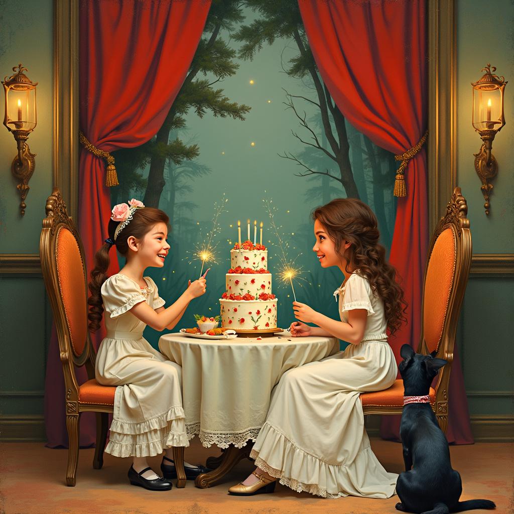 Annemarie is seated gracefully in a majestic, high-backed chair that evokes the intricate woodcut style of Arthur Rackham, surrounded by an intimate stage adorned with vintage curtains reminiscent of Norman Rockwell's Americana. She is in the midst of blowing out candles on a lavish three-tiered cake, which is intricately decorated with edible versions of Maurice Sendak's wild things circling the base. Beside her, her daughter stands holding sparklers, both of them dressed in Victorian dresses that blend the whimsical charm of Rackham's fairy tale illustrations with the gothic flair of Edward Gorey.

The audience, consisting of family and friends, sits contentedly in high-contrast black and white chairs inspired by Aubrey Beardsley, their faces lighting up with expressions of joy and surprise illustrated in the style of Maxfield Parrish. Two cats, with large, Gorey-esque eyes and fur patterns reminiscent of N.C. Wyeth's fantastical landscapes, curl up in the front row, while a Golden Retriever raises one paw as if clapping, embodying the pastoral scenes of Beatrix Potter.

The backdrop of the stage features a lush, Sendak-inspired wilderness mural, filled with an enchanted forest and whimsical creatures peeking out from behind the trees. Above, a constellation spelling out 'Anne Marie' adorns the sky in the style of Gustave Doré's celestial engravings. Adding to the festive atmosphere is a happy birthday banner that stretches across the top of the stage, featuring elegant Beardsley-style lettering intertwined with floral and faunal elements reminiscent of Rackham's art. 

This imaginative scene captures the essence of Annemarie's 50th birthday celebration, filled with love and creativity, surrounded by her beloved family, friends, and pets. 

Generated with these themes: Annemarie is sitting on stage with her two daughters celebrating her 50th birthday! In the audience are her family, friends, cats, and dog!  
Made with ❤️ by AI.