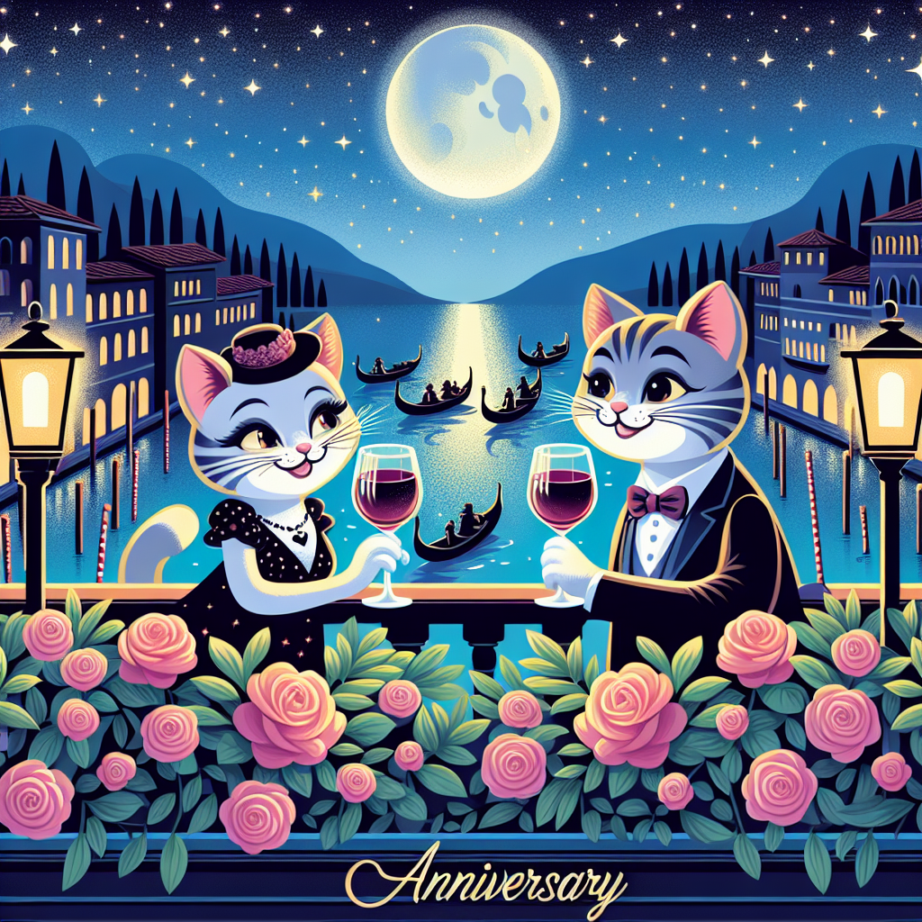An enchanting anniversary illustration set in Italy, showcasing a pair of feline friends with playful grins toasting glasses of wine under a starlit sky. They're perched on a flower-adorned balcony, overlooking a tranquil canal with gondolas slowly drifting. The silhouette of a traditional Italian cityscape with distant undulating hills illuminated by the soft glow of the moon paints an idyllic homage to romance.
Generated with these themes: Italy , and Cats.
Made with ❤️ by AI.