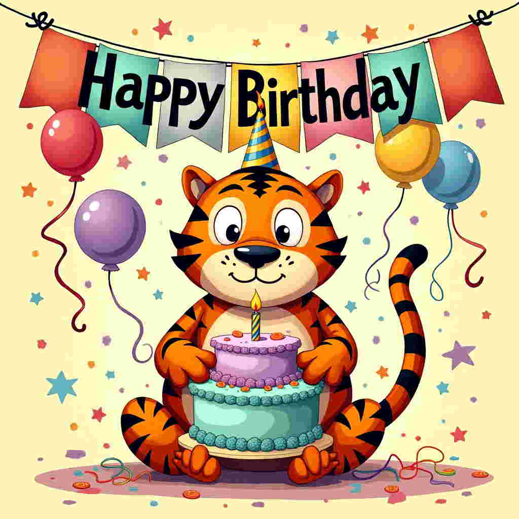 The front cover of this birthday greeting card bursts with color and whimsy in a lively cartoon style. At the center, a tiger with exaggerated, oversized paws and a big round belly sits cross-legged. Its fur is a vibrant orange with bold black stripes, and its eyes are wide and expressive, channeling a playful essence.

The tiger holds an enormous birthday cake with multiple layers. Each tier is a different pastel color, starting with mint green at the bottom, then lavender, pink, and topped with a sky-blue layer. The cake is decorated with swirling, sugary frosting and a sprinkling of multicolored candy confetti. A single, giant candle with a twisting stripe pattern flickers atop the cake.

Surrounding the tiger, a flurry of birthday decorations adds to the festivity. Brightly colored balloons, in shades of red, yellow, blue, and purple, bob around, their strings curling whimsically. Streamers in a rainbow of colors loop and swirl through the air, creating dynamic movement across the scene.

In the background, a large, colorful banner hangs high, spanning the width of the card. The banner is crafted from a patchwork of vibrant fabrics, each section a different shade and texture. Bold, comic-style letters spell out "Logan" in a playful, uneven font on the banner, making it an integral part of the birthday celebration.

A smattering of confetti, in shapes like stars and circles, floats around, adding to the joyful chaos. The background is a soft, light yellow, providing a warm contrast to the bright decorations. 

The scene encapsulates a sense of fun and imagination, drawing inspiration from the exaggerated and humorous styles of Charles Schulz and Bill Watterson, while adding its own unique twist.
Generated with these themes: Tiger with birthday cake, and Birthday decorations.
Made with ❤️ by AI.
