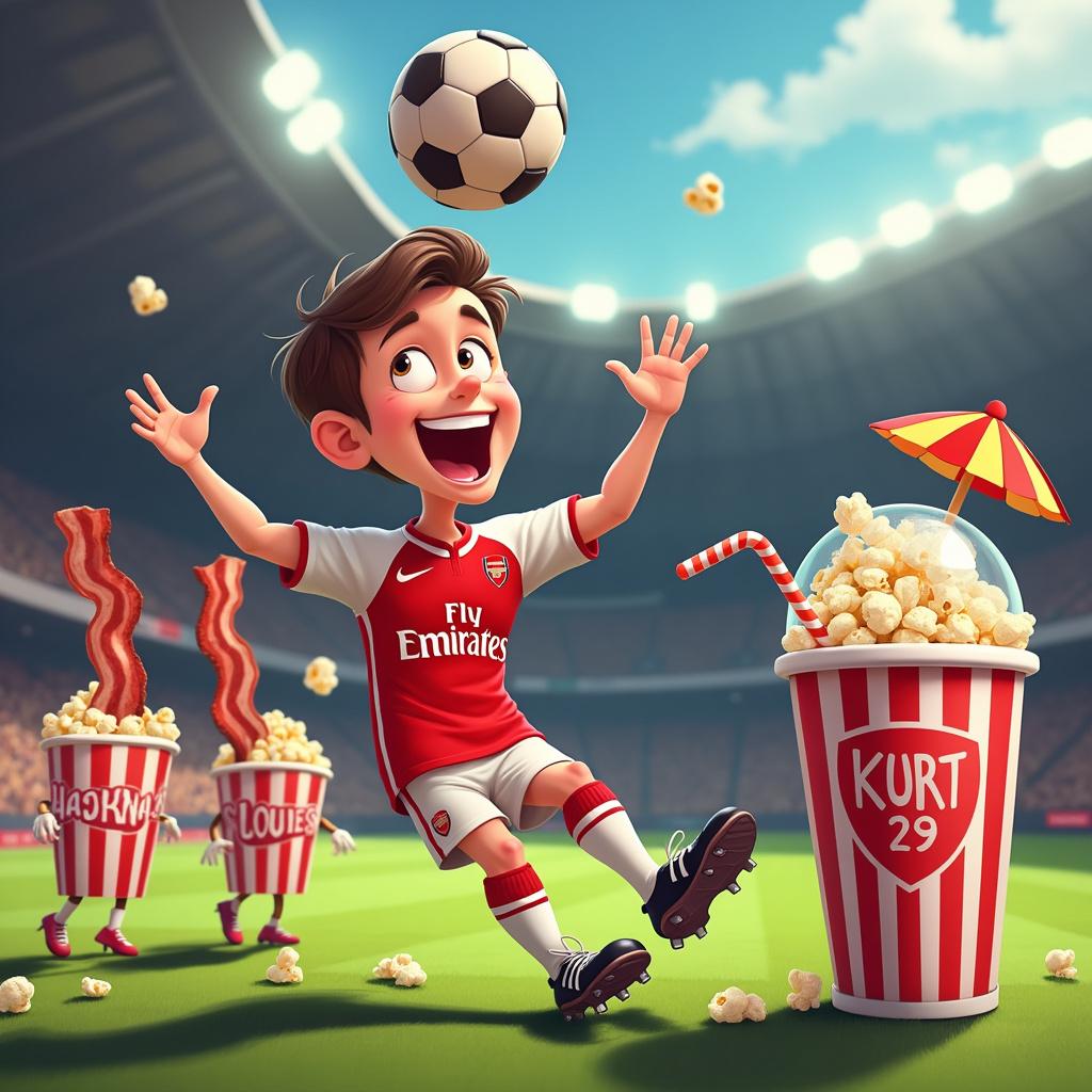 In this version of the cartoon birthday scene, the foreground is dominated by a caricature of Kurt gleefully tossing a football into the air, sporting a vibrant Arsenal kit complete with matching socks and cleats. The background illustrates a festive football stadium atmosphere with oversized popcorn and bacon strips dressed in party attire — the bacon strips high-five each other, while the popcorn pieces jump out of a striped red and white movie theater-style popcorn box. To the right, a smiling slushie character in a dome-lidded cup is adorned with a straw and an umbrella; the number '29' is embossed on the cup with ice crystals. Below the slushie, the word 'Love' is written in bold, playful letters. Each item in the scene, including the name 'Kurt', exudes a glossy texture to give a sense of animation-ready vibrancy.
Generated with these themes: Kurt, Football, Arsenal , Popcorn, Bacon, Slushie, 29, and Love.
Made with ❤️ by AI.