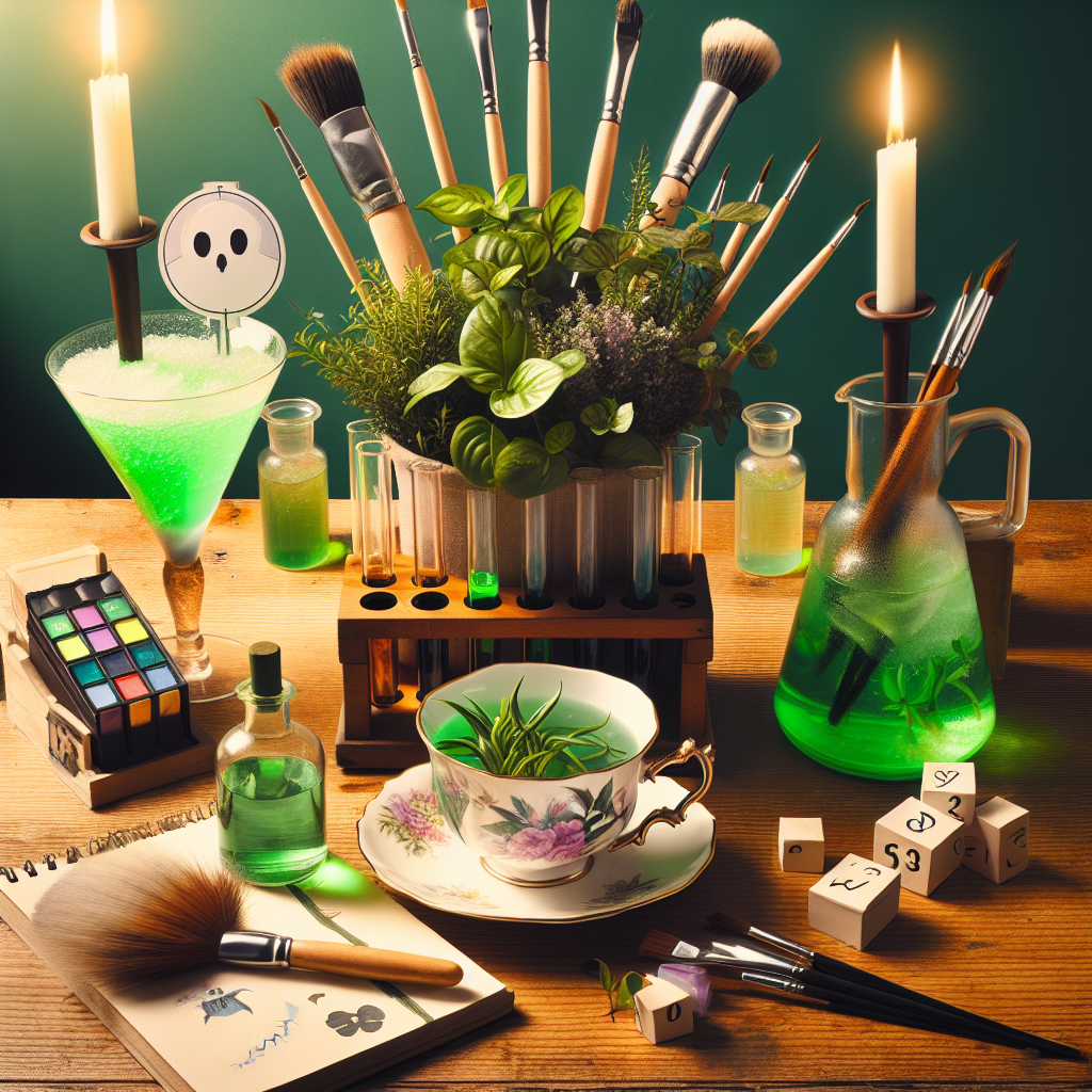 Imagine a birthday scenario mixing realistic and magical elements. A simple wooden table is at the center, holding a chemistry set filled with plant clippings, creating a lush display. A lovely tea cup, beautifully decorated with leaves and flowers, emits a cozy scent and invites the guests to enjoy the present. Cocktails with a neon-green hue, reminiscent of a popular ghost-themed 80s movie, glow in uniquely designed beakers, ready for the birthday toast. To conclude the setup, a set of brushes sits next to an artist's canvas, implying a creative process that fuses the realms of science, nature, and the fantastical.
Generated with these themes: Chemistry , Plants, Cup of tea, Paint, Ghostbusters , and Cocktails .
Made with ❤️ by AI.