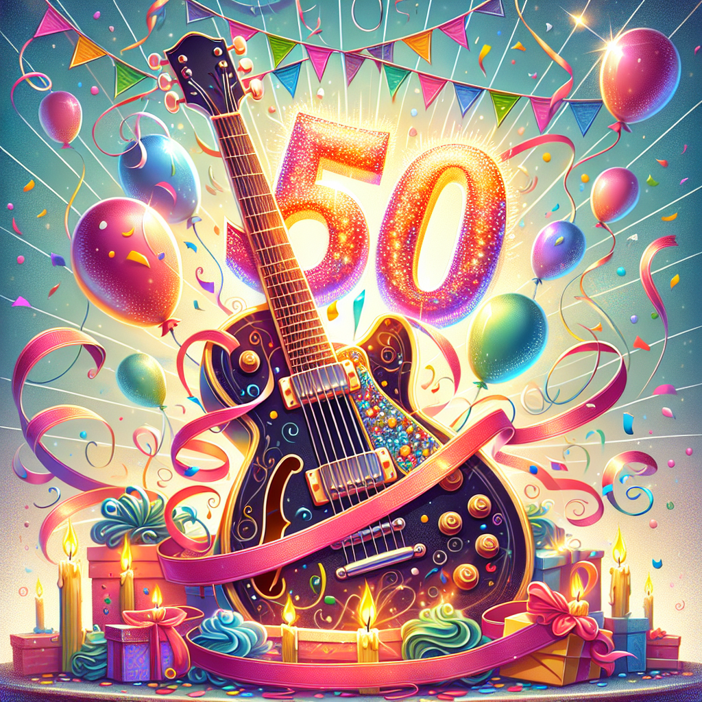 A whimsically vibrant birthday scene comes alive in this illustration. At the heart of the celebration is a guitar, taking center stage, not unlike a rockstar. This isn't just any guitar, it resembles an iconic electric guitar style, donned with shiny streamers and sprightly confetti. Above the guitar strings, a radiant number 50 hovers, illuminating the significance of this momentous half-century milestone. Floating balloons, showing off a multitude of colors, and a festive birthday banner enhance the background and add to the overall joy of the scene.
Generated with these themes: Van Halen, Electric guitar, and 50.
Made with ❤️ by AI.