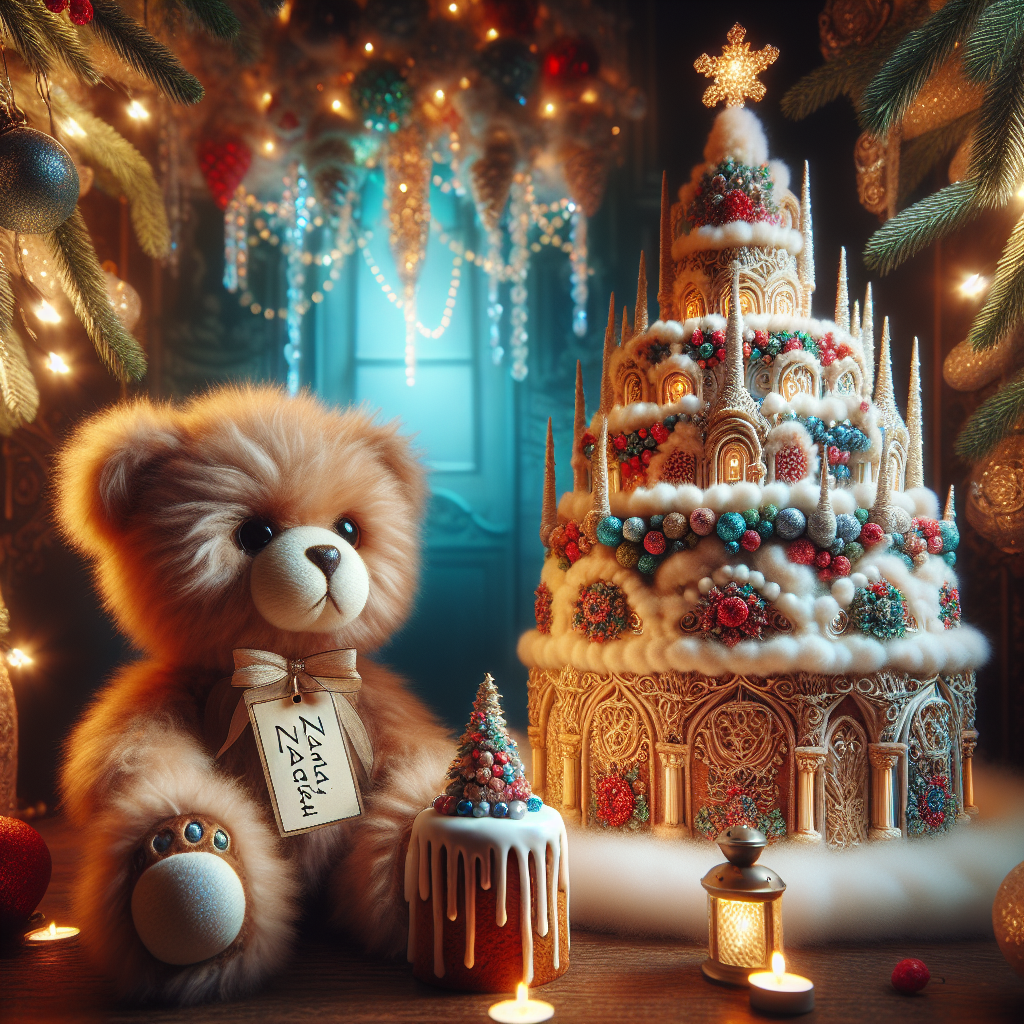 Illustration of a cozy Christmas scene where a teddy bear with a tag saying 'Zarah' is gazing at a beautifully decorated Christmas cake by the foot of a sparkling Christmas tree.
Generated with these interests: The text "Zarah", Teddy Bears, and Cake.
Made with ❤️ by AI.