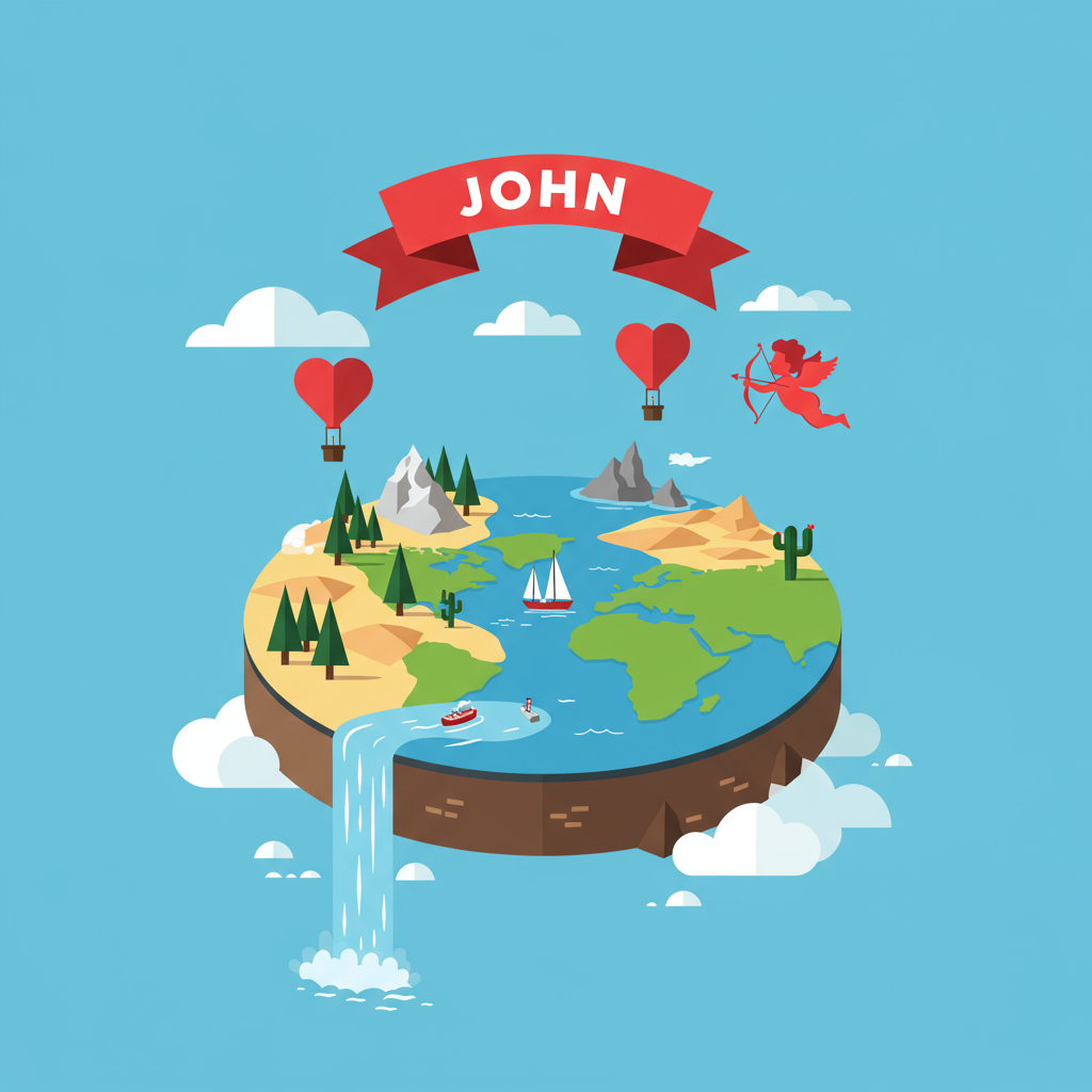 The greeting card's front cover should feature a whimsical flat earth scene in a clean vector style, using flat shapes and crisp lines. Center the composition around a circular representation of the earth, flattened like a disk. 

**Earth and Scene Details:**

1. **Earth**: The disk should be divided into distinct sections, each showcasing a different iconic landscape, using vibrant, flat colors. Use lush greens for a stylized forest section with triangular trees, sandy yellows for a desert segment featuring a minimalist cactus, and deep blues for a simplified ocean with gentle waves.

2. **Edge of the Earth**: Illustrate a subtle, playful waterfall cascading off the edge of the earth disk, using layers of light and dark blues to depict the water.

3. **Background**: A clear sky in a gradient from light blue at the horizon to a deeper blue at the top. Include minimalistic, fluffy clouds in white to break up the solid color of the sky.

**Valentine's Day Elements:**

1. **Heart-Shaped Hot Air Balloons**: Include two or three floating heart-shaped hot air balloons in varying shades of red and pink. Have them hover above the earth disk, adding a touch of Valentine's whimsy.

2. **Cupid with Arrow**: Position a minimalist, silhouette-style Cupid, drawn with clean lines, aiming an arrow towards the earth from the side of the composition.

**Text Element:**

- Add the name "John" on a ribbon banner that arches over the top of the earth disk. The banner should be a striking red, with white, bold letters spelling out "John" in a clean, modern sans-serif font.

This composition should celebrate Valentine's Day with playful, romantic imagery while incorporating the theme of flat earth in a humorous and visually engaging manner, inspired by the modern, flat style of the artists mentioned.
Generated with these themes: Flat earth .
Made with ❤️ by AI.
